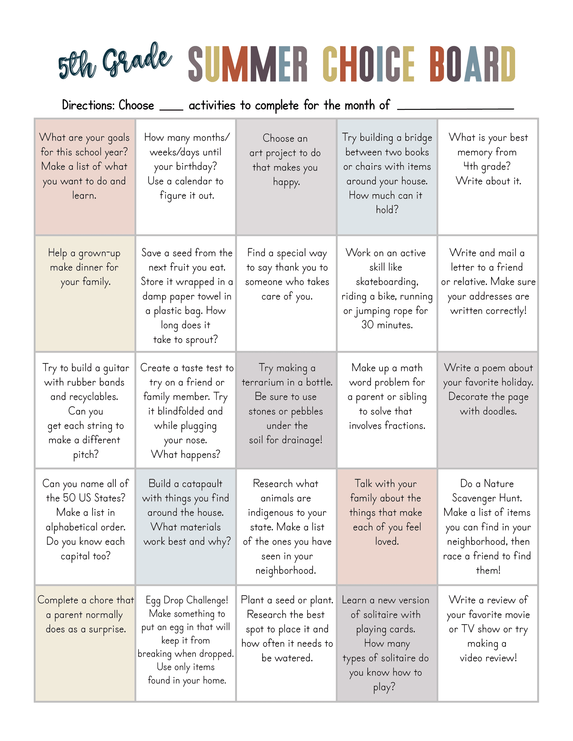 summer student choice board