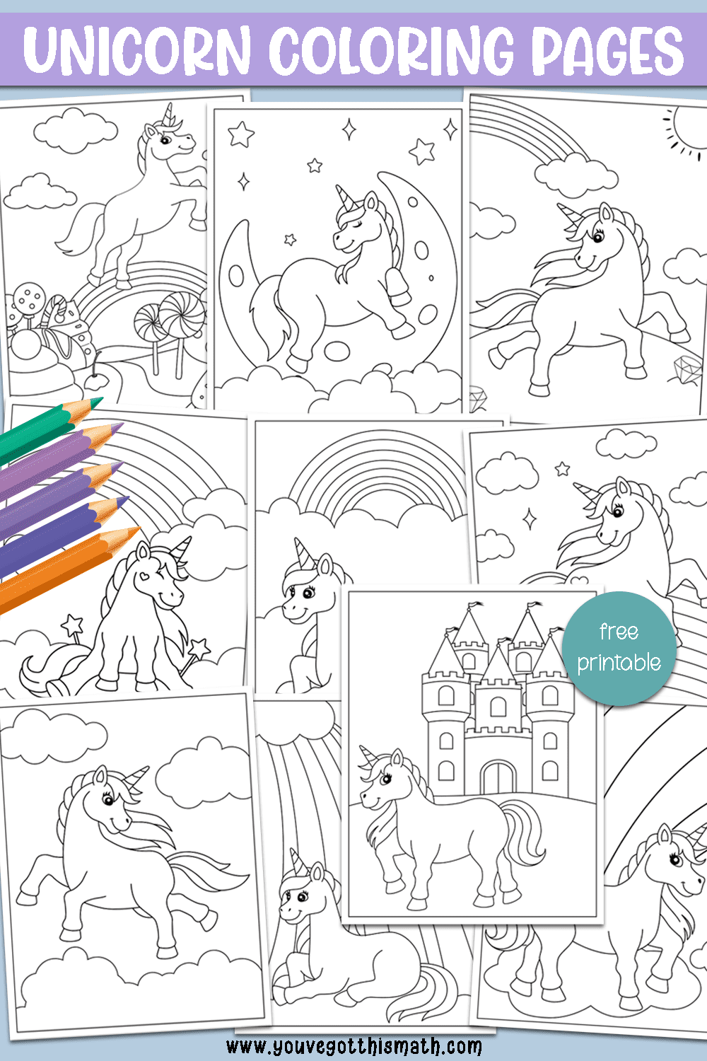 flat lay of several unicorn and rainbow coloring pages
