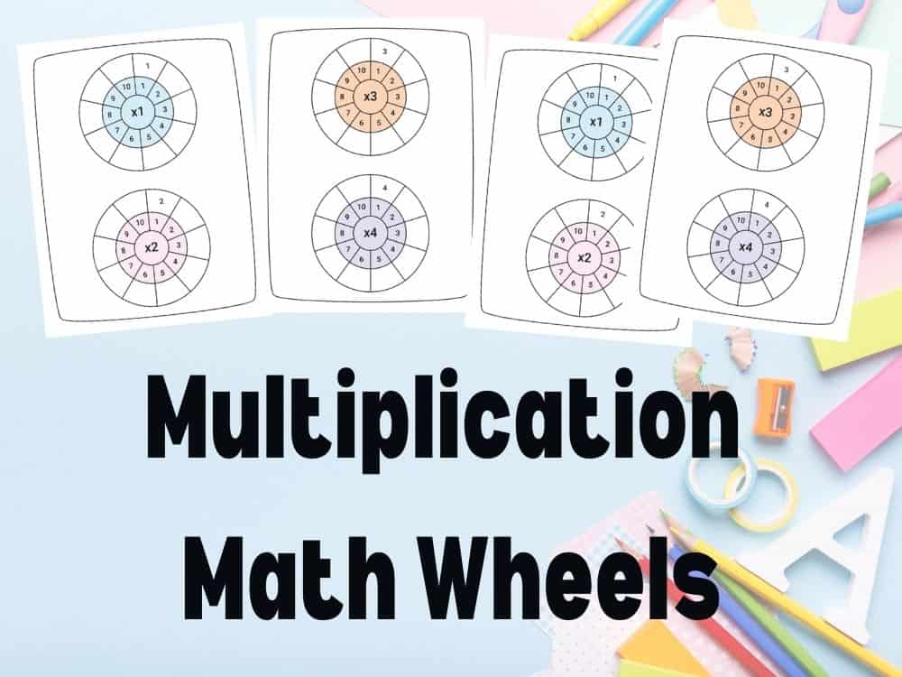 multiplication math wheel printables fanned out on a desk