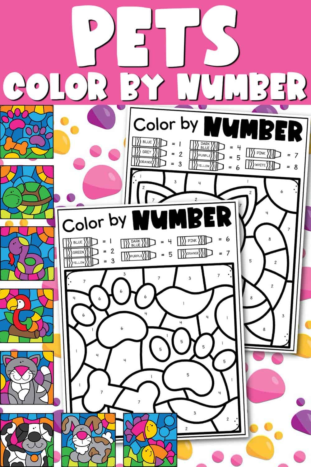 free color by number pages of pets