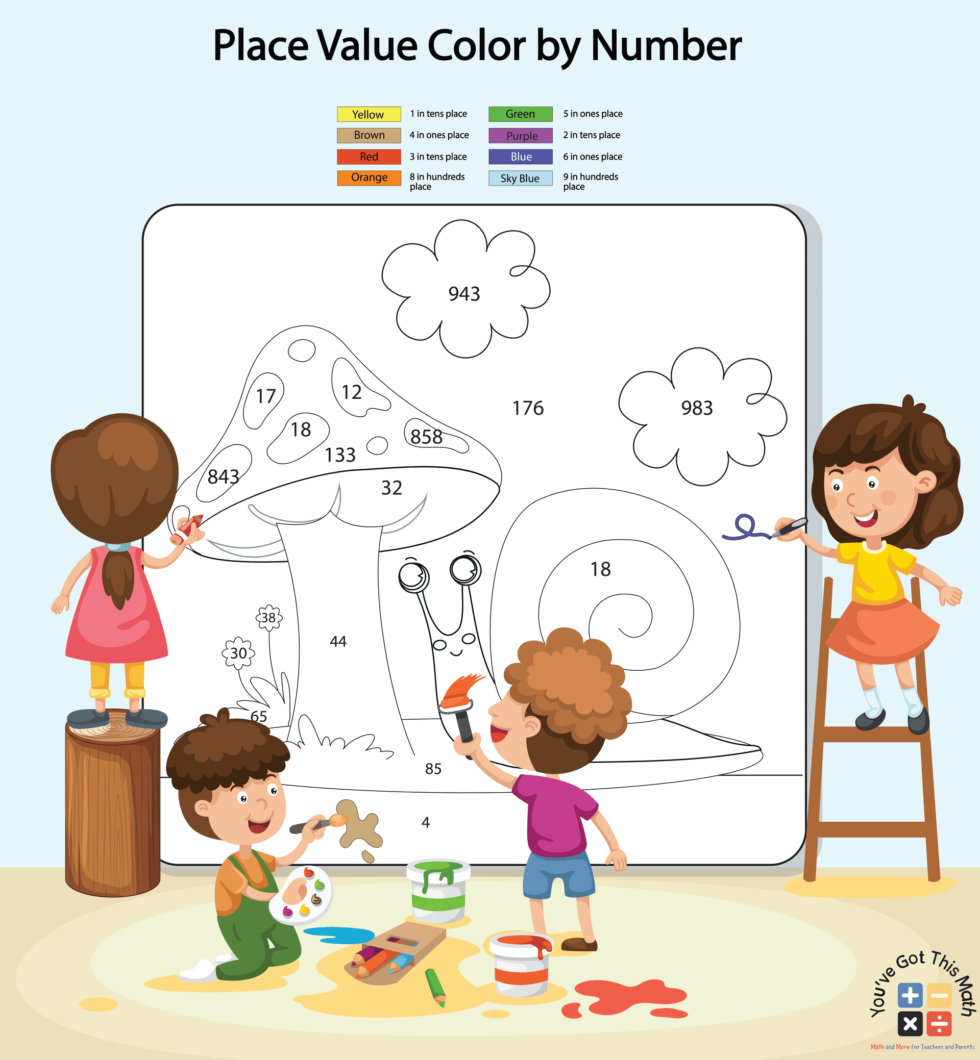 6 Free Place Value Color by Number Worksheets