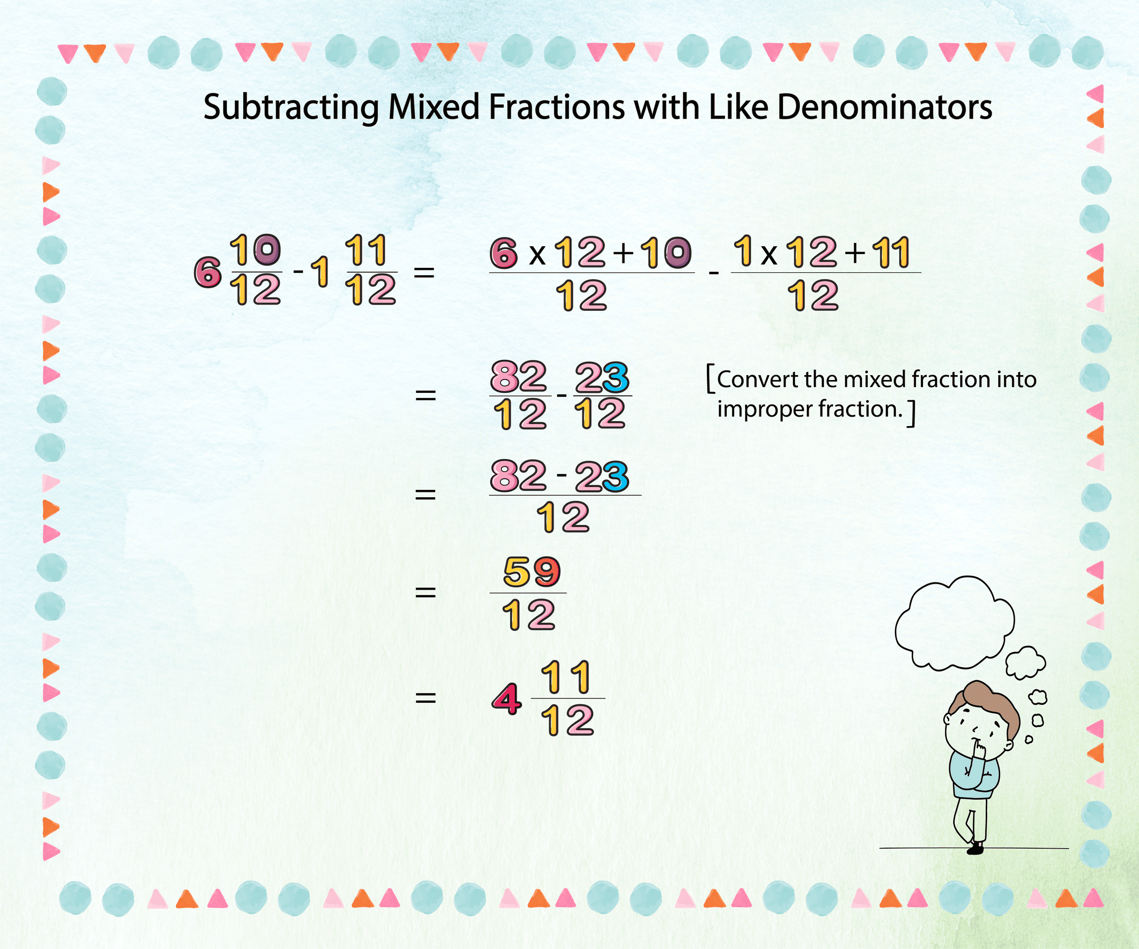 Subtracting Mixed Fractions with Like Denominators