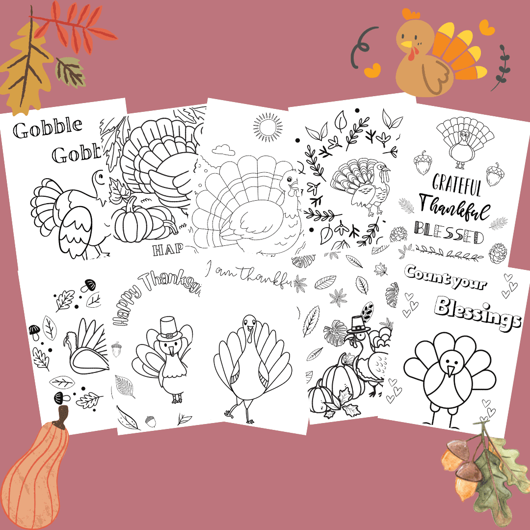 assortment of turkey and thanksgiving coloring pages