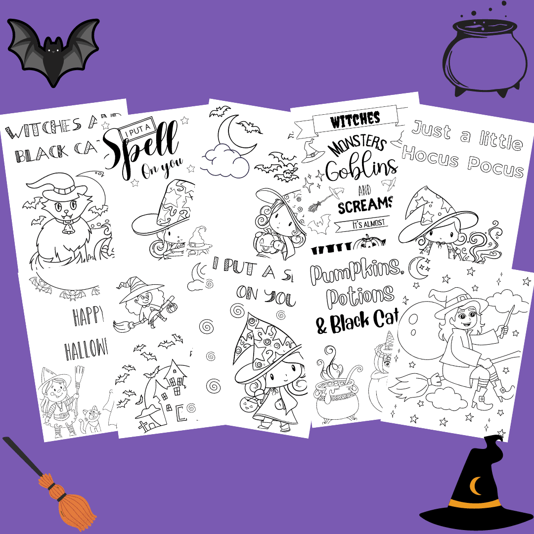 assortment of witch hat coloring pages