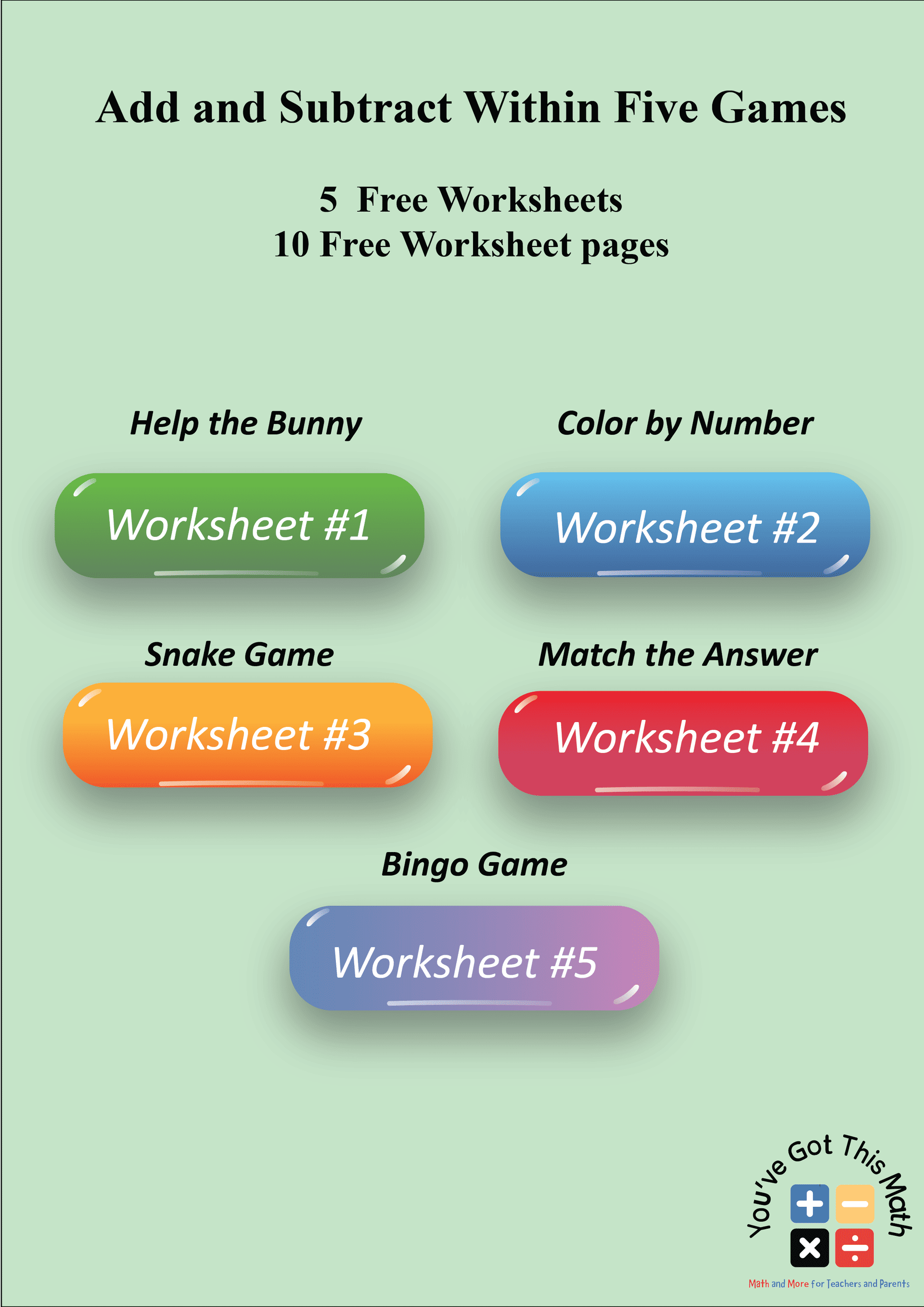 Add and Subtract Within Five Games | 5 Free Worksheets
