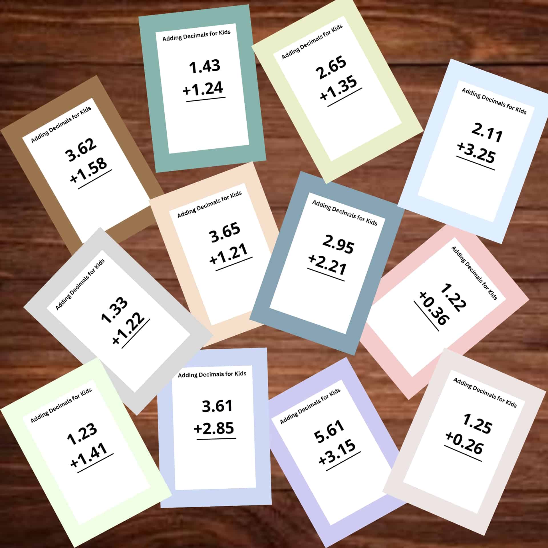 cards of adding decimals for kids