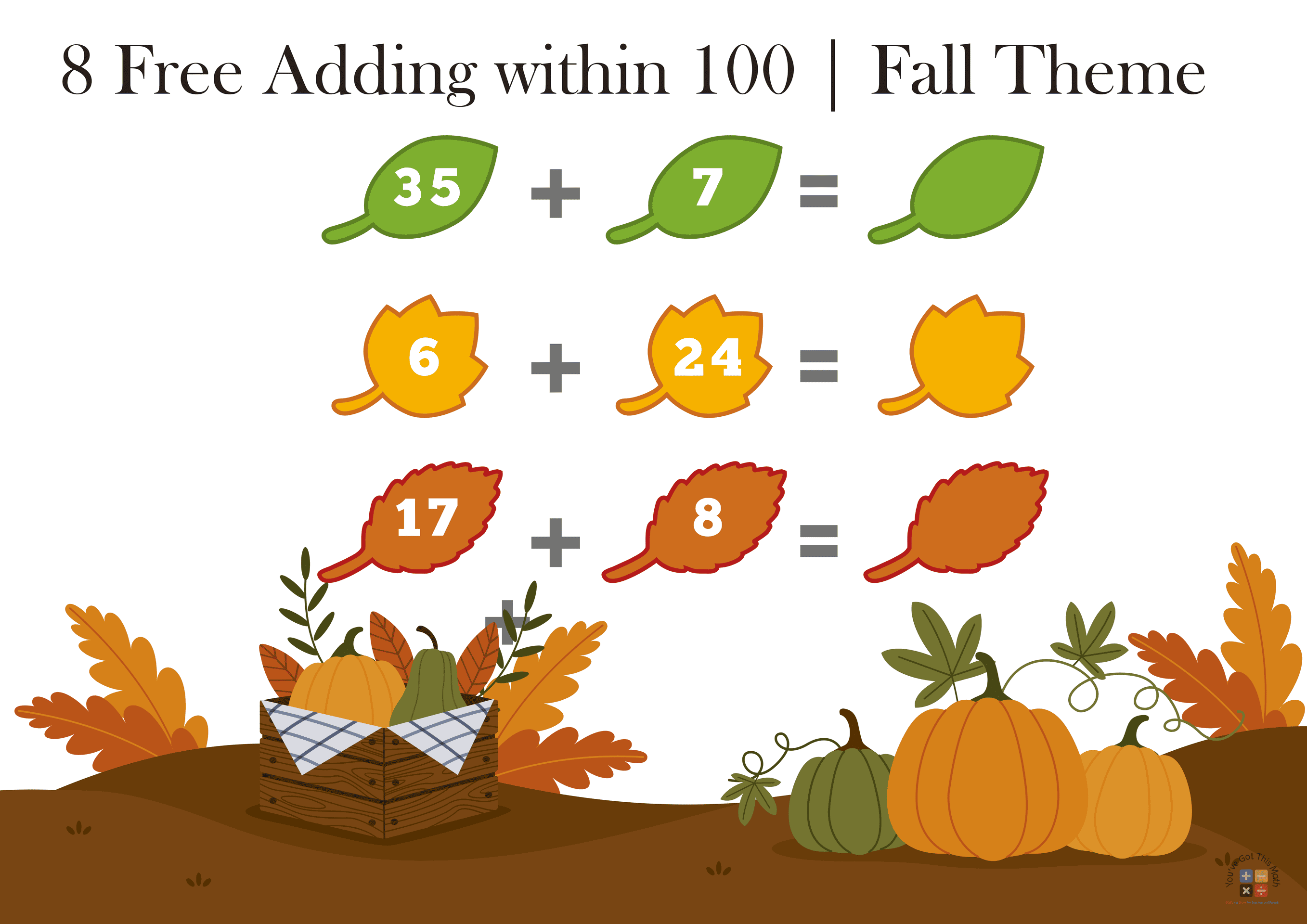 8 Free Adding within 100 Worksheets | Fall Theme