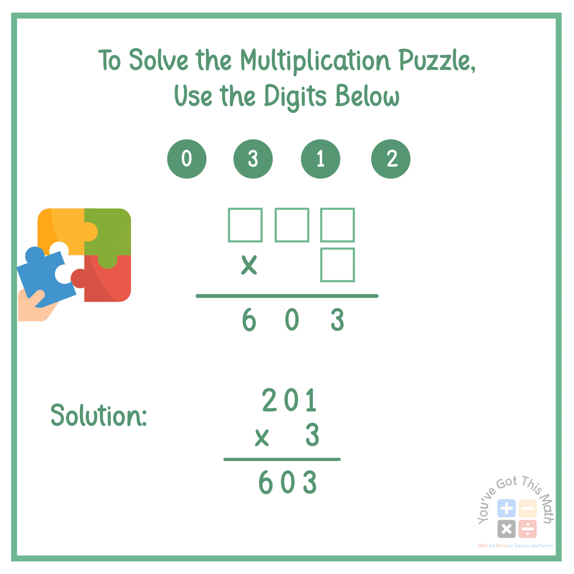 Using puzzle to solve 3 Digit by 1 Digit Multiplication