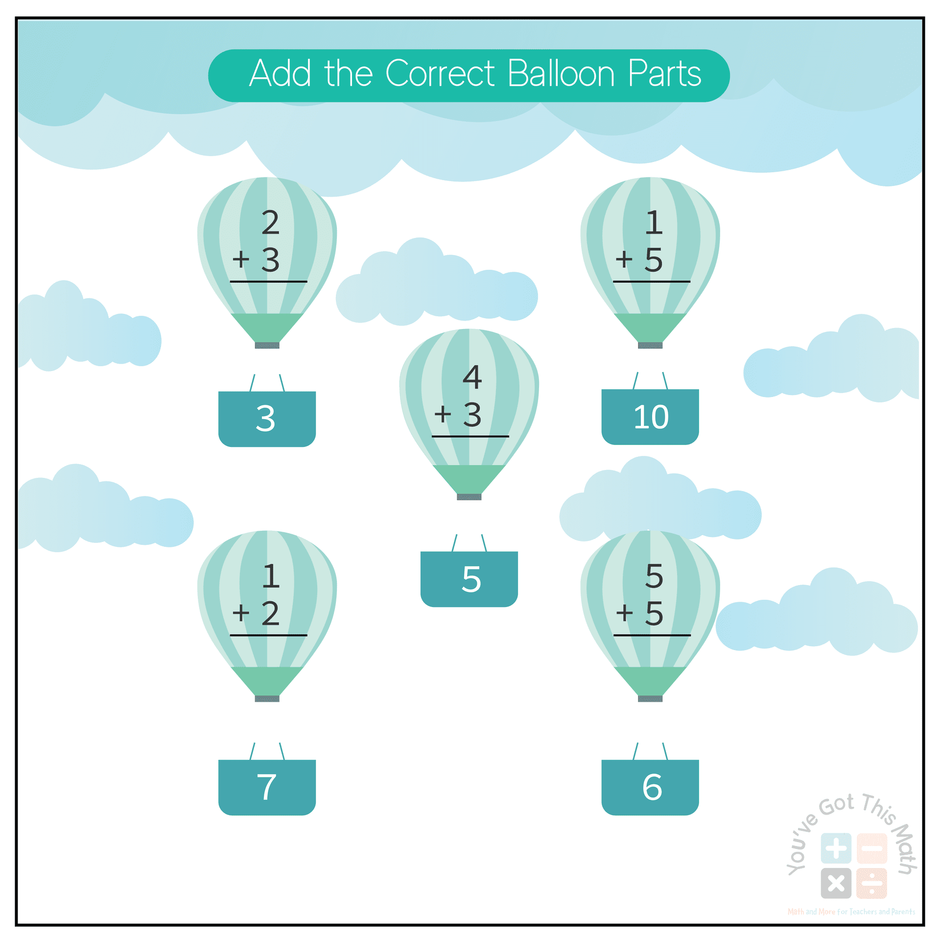 Solving Addition Problems to Join Hot Air Balloons Parts