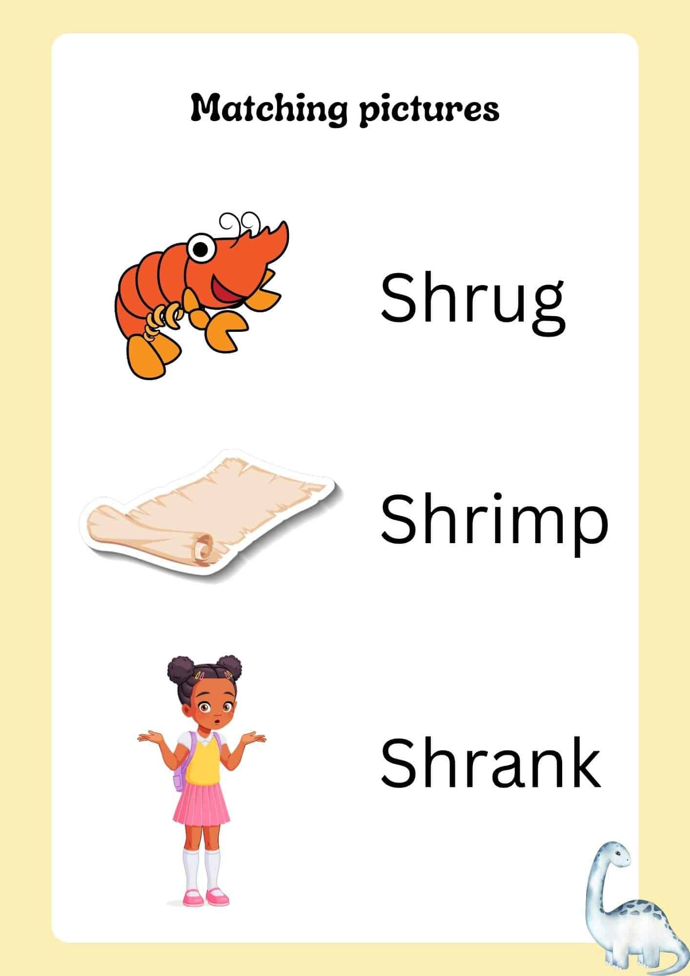 Matching pictures to know Shr Words Examples