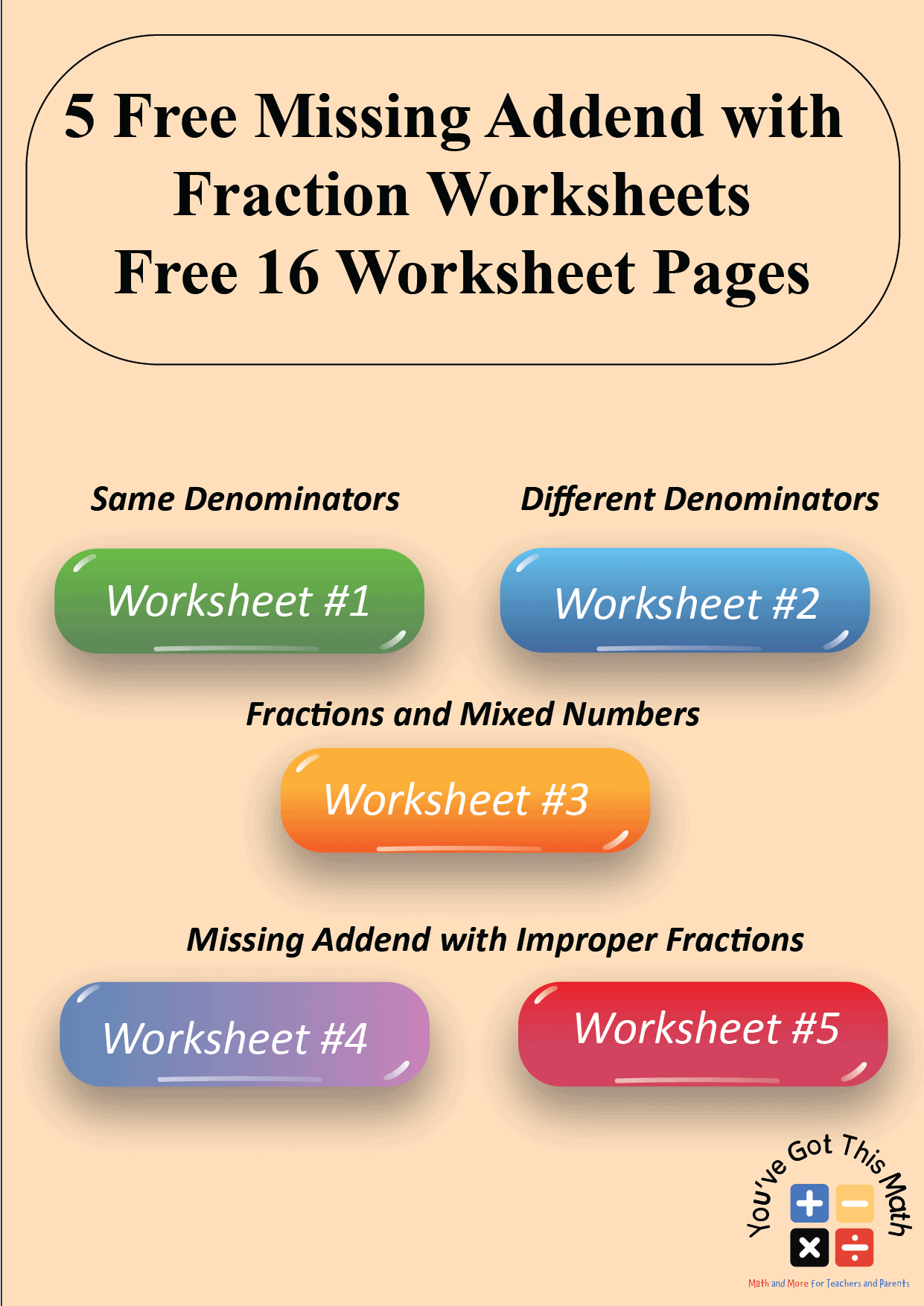  Missing Addend with Fraction Worksheets