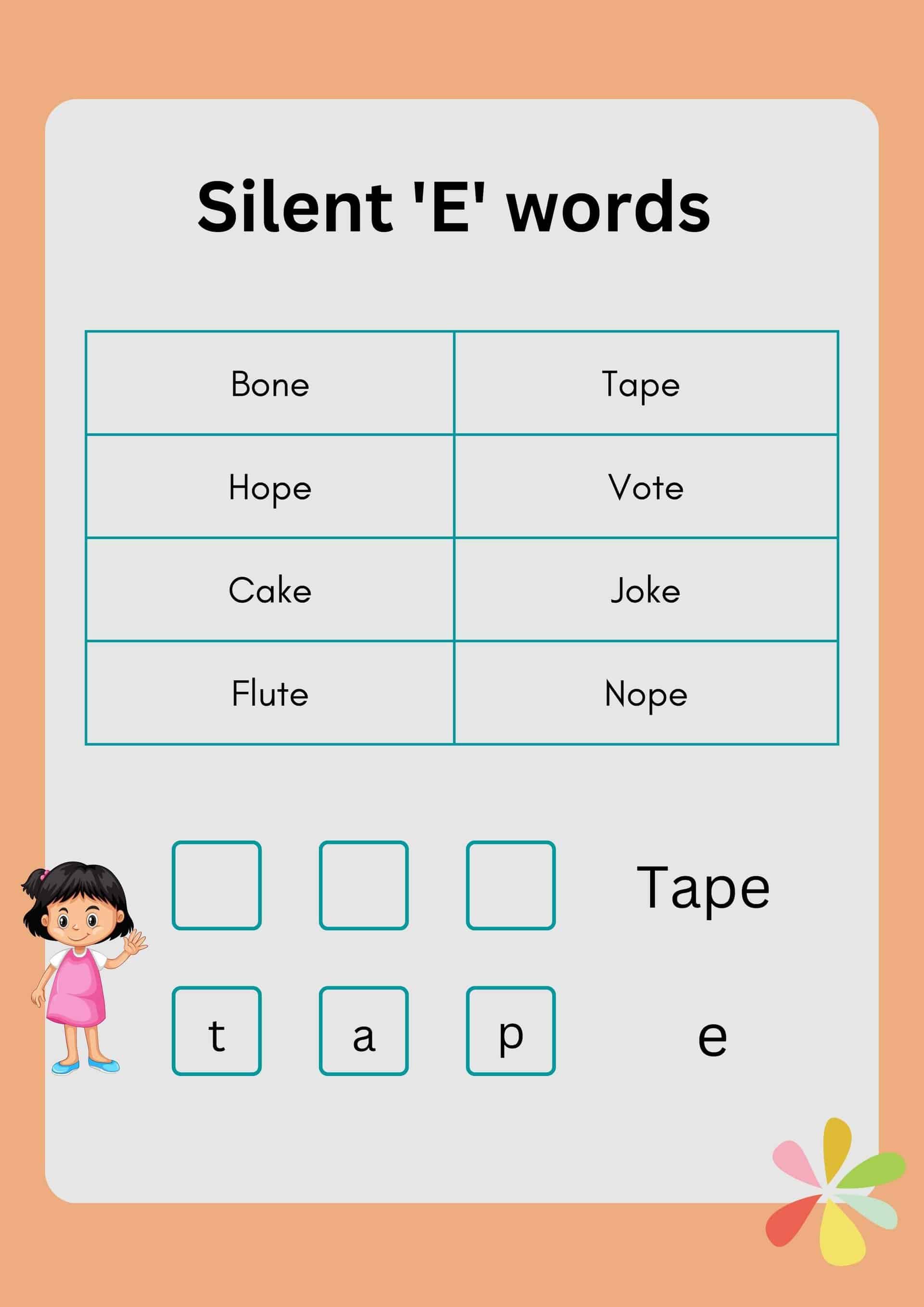 Silent E words to understand CVCe words with pictures