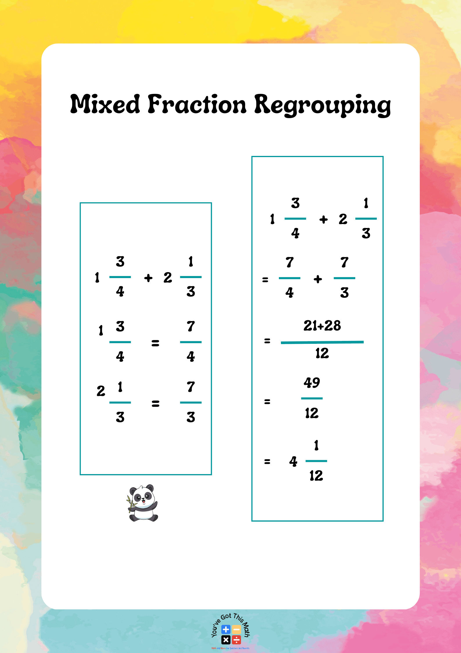 Mixed Fraction Regrouping for adding and subtracting fractions wit regrouping worksheets