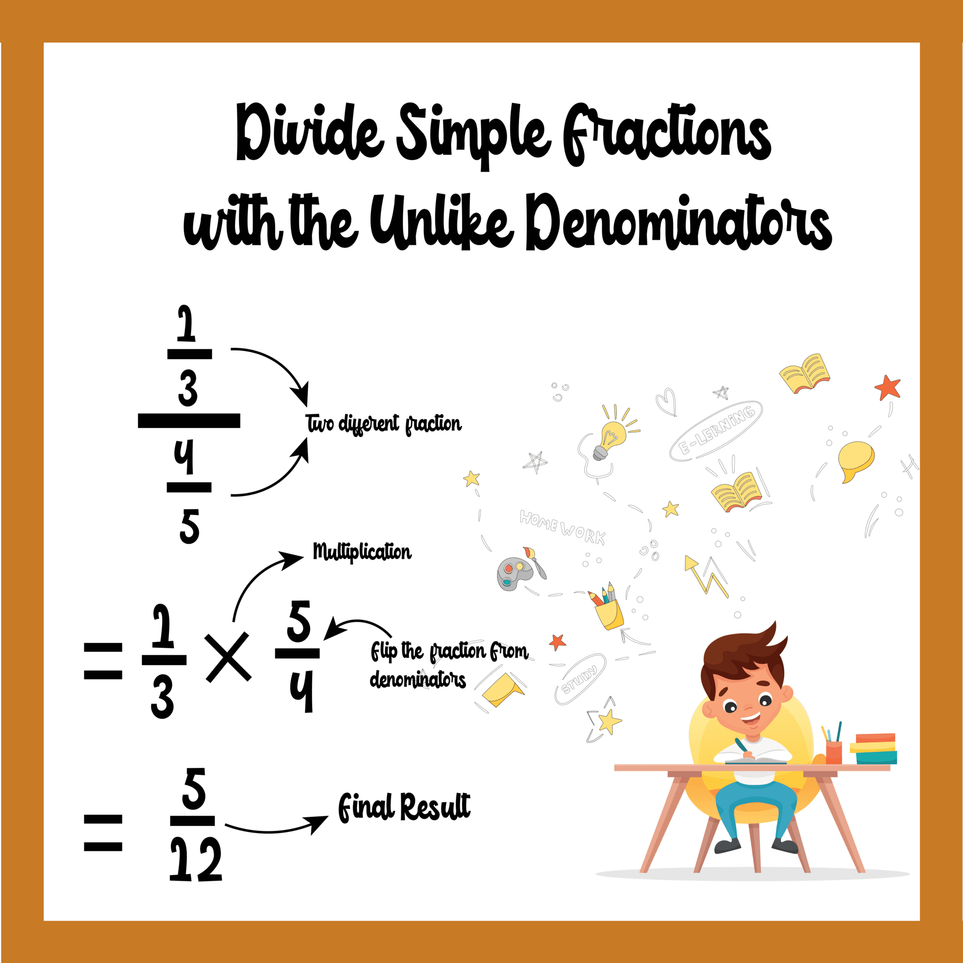 divide simple fractions with unlike denominators for worksheets