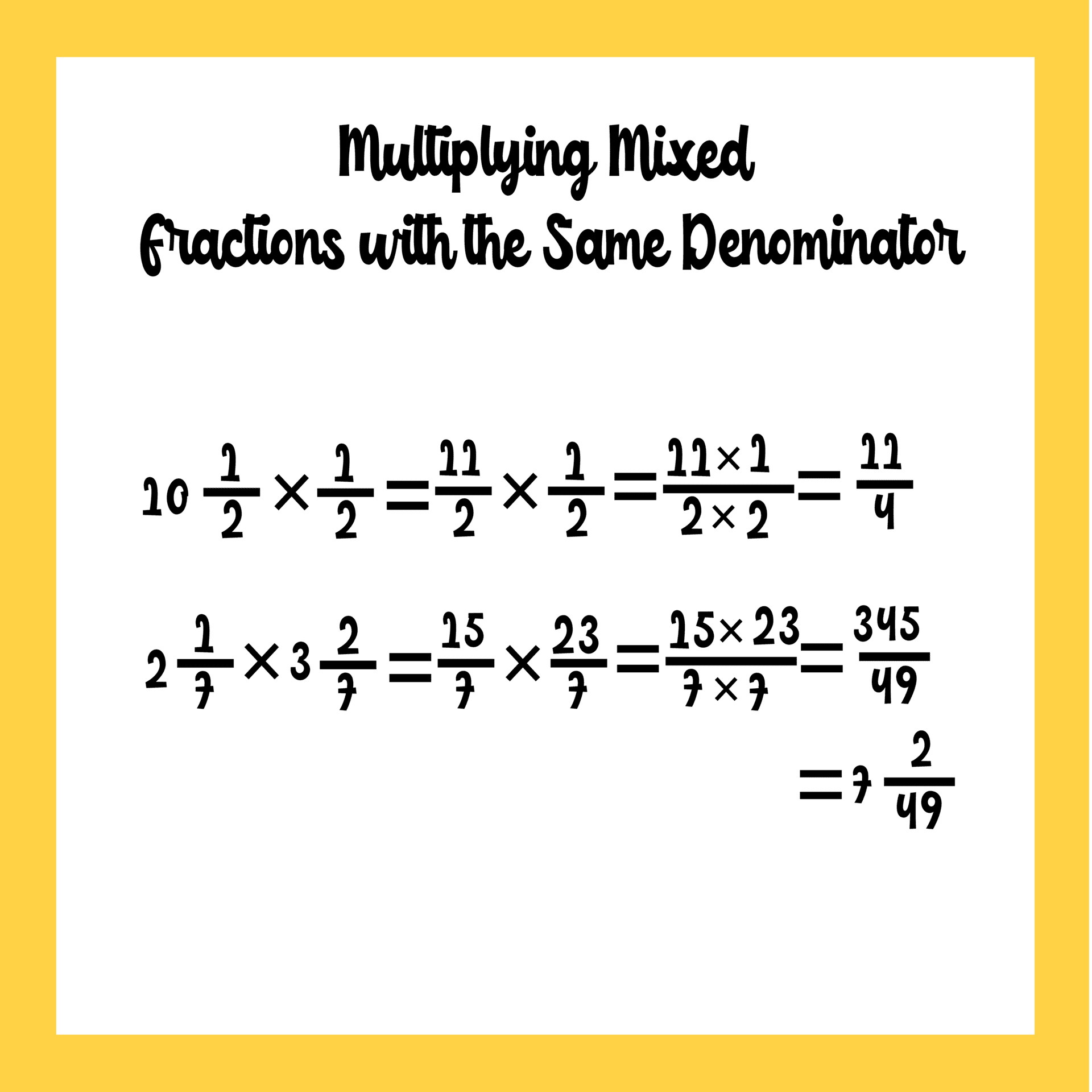 Using mixed fraction to describe Multiplying Fractions with Same Denominators Worksheets