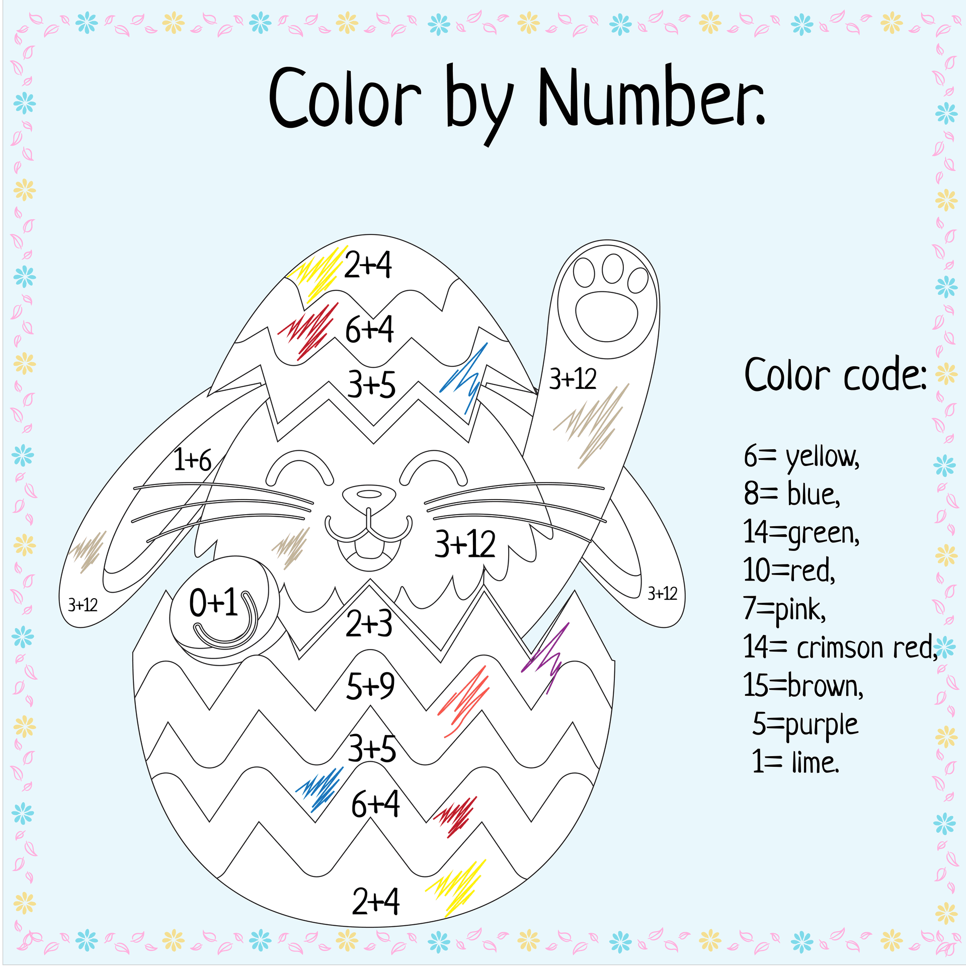 add and color the picture in Easter coloring math worksheet