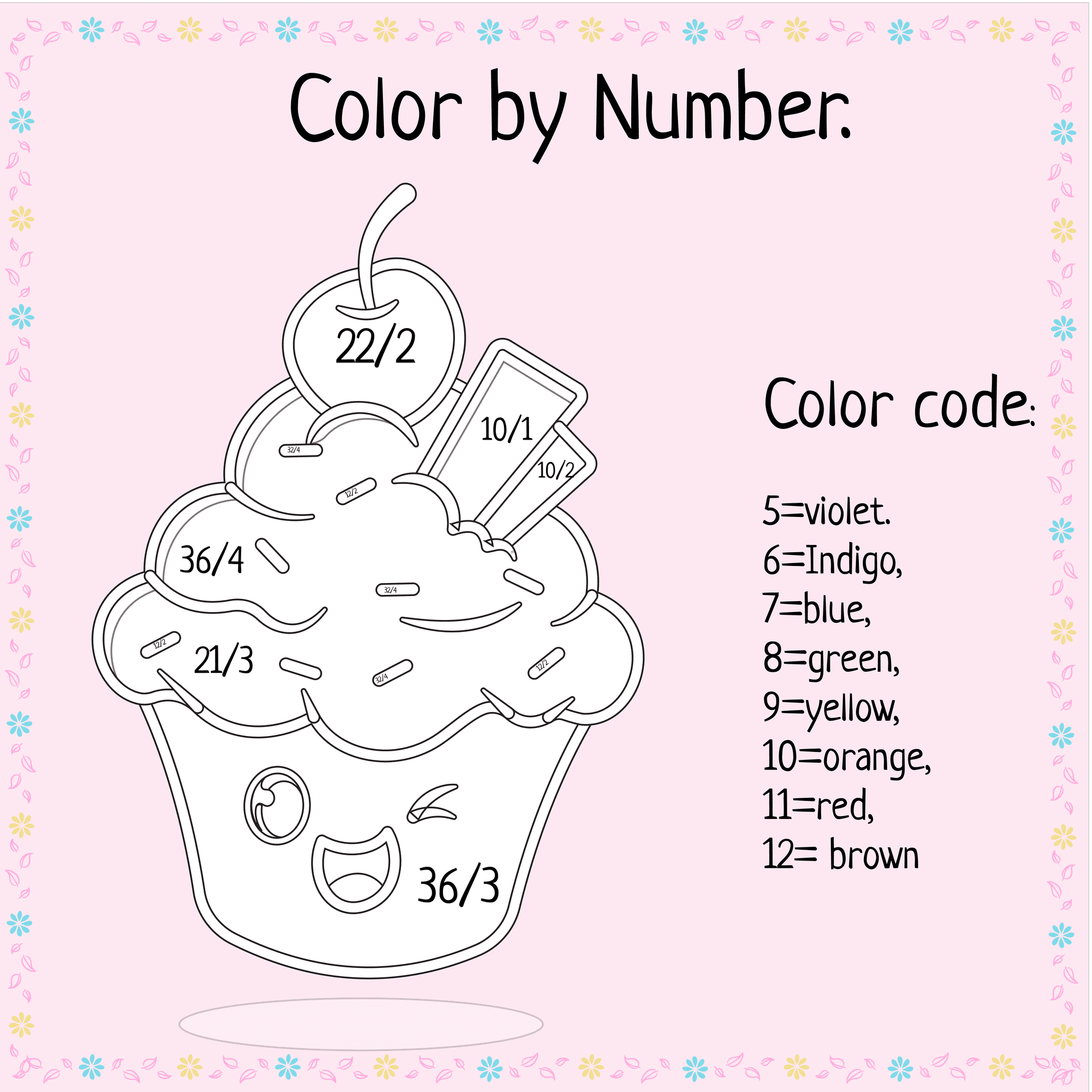 Divide and color the cupcake in Easter coloring math worksheets