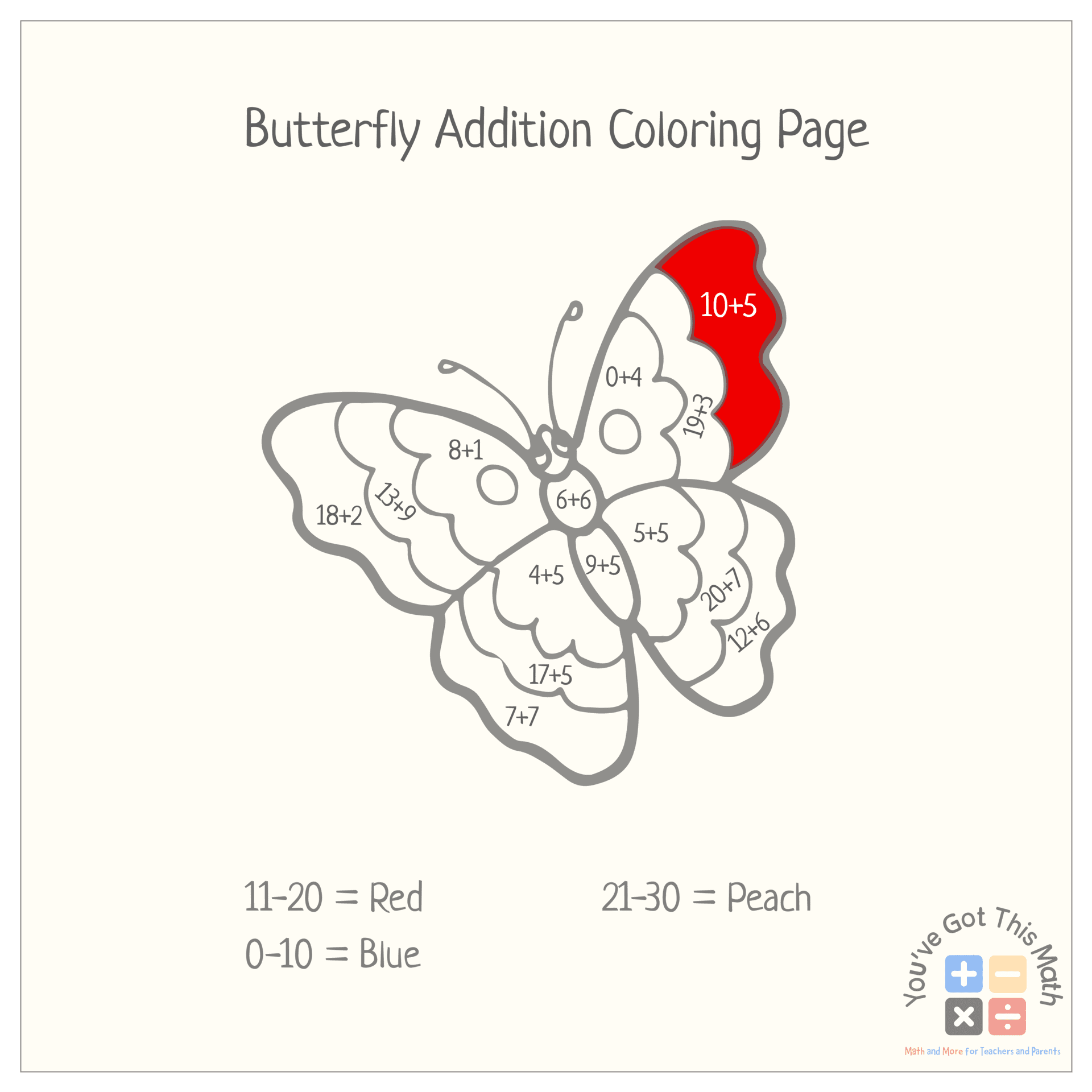 color the butterfly by addition coloring worksheets 