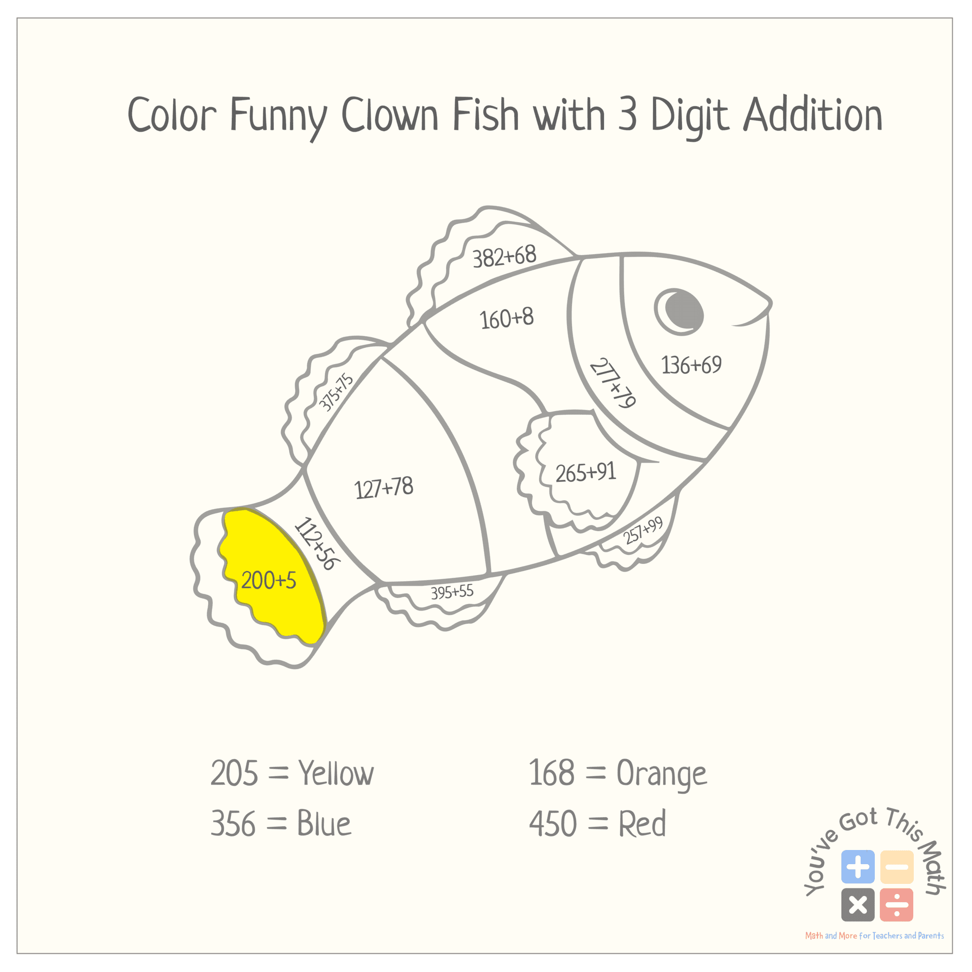 color the clown fish by addition coloring worksheets 