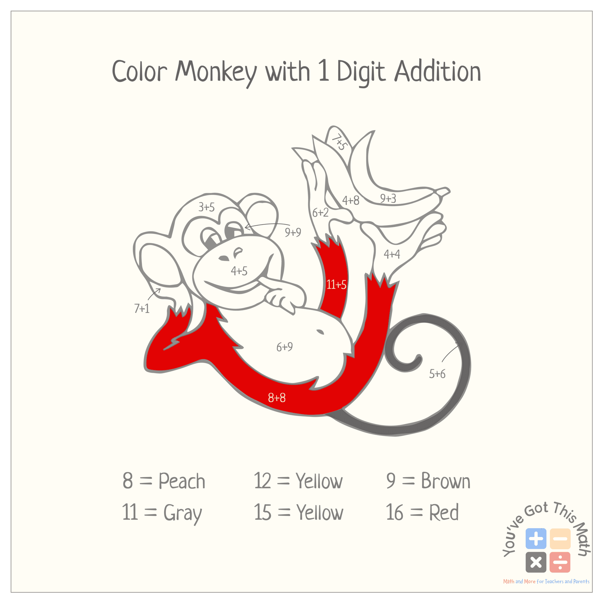 color monkey by addition worksheets 