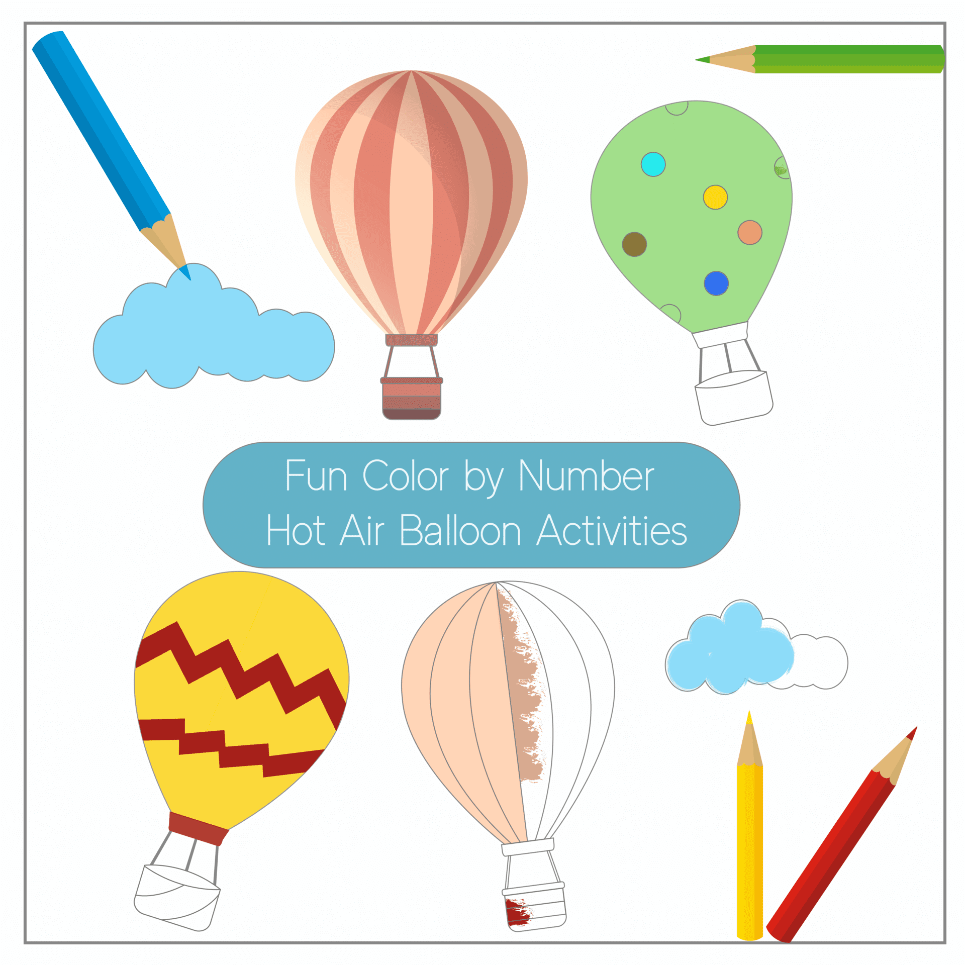 5 Fun Color by Number Hot Air Balloon Worksheets | Free Printable