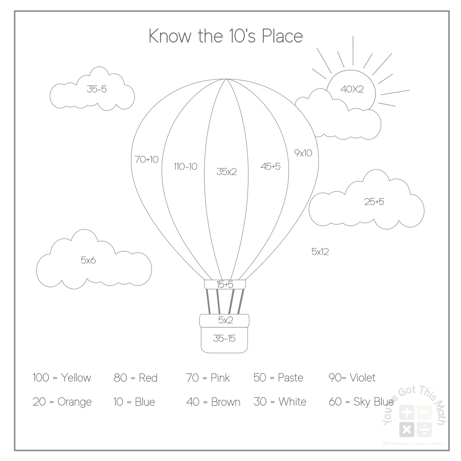 Calculating Values of 10s Place to Color Hot Air Balloon