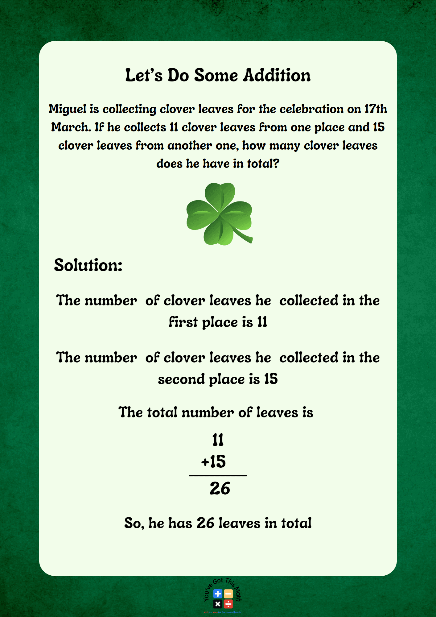 Doing Addition as An Example of St Patrick's Day Word Problems