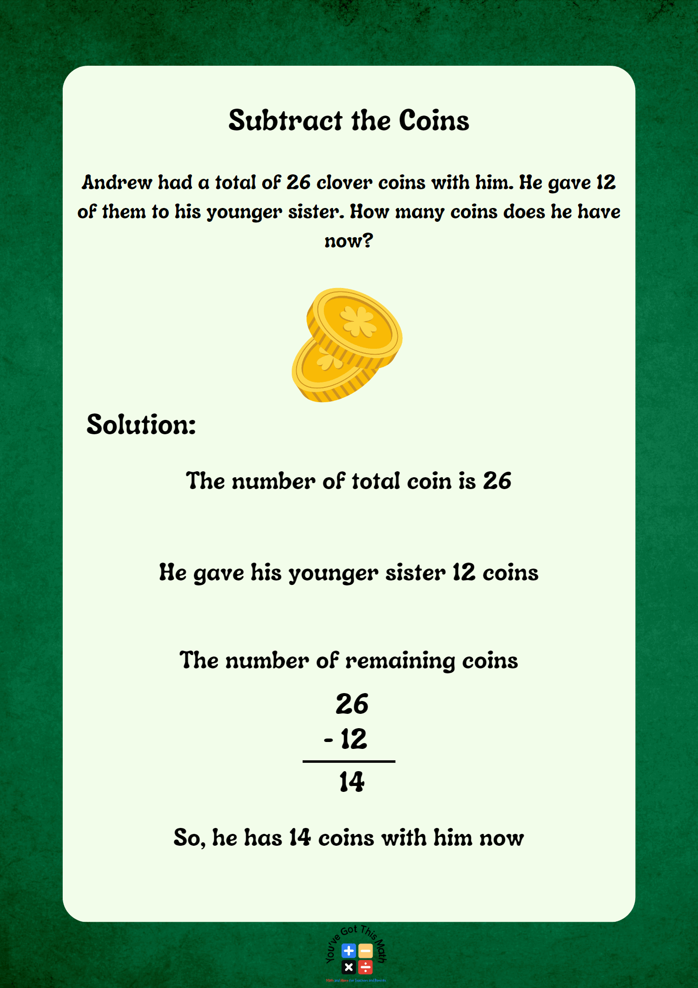 Subtracting Coins as An Example of St Patrick's Day Math Word Problems