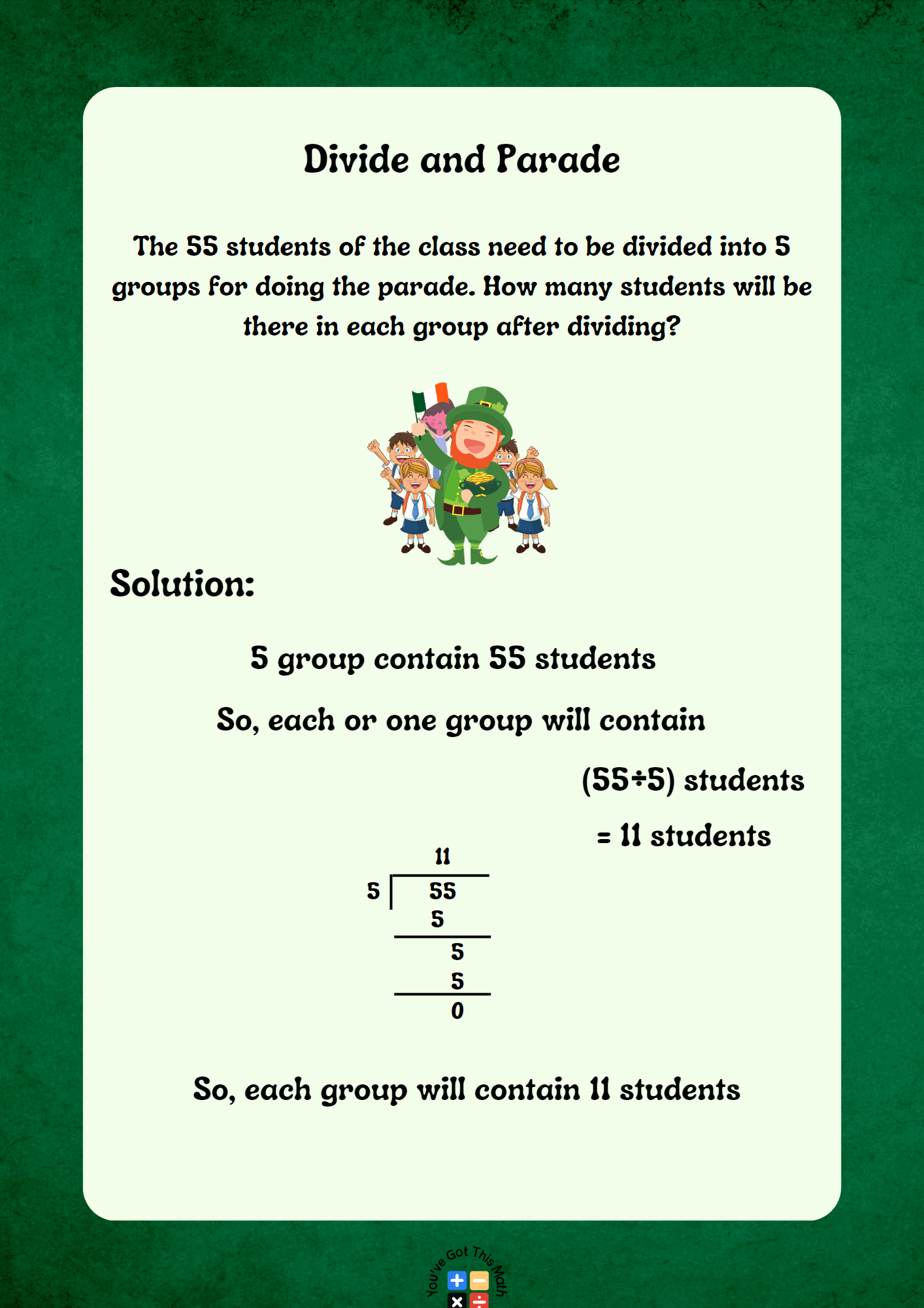 Taking Help of Division Procedure to Complete St Patrick's Day Word Problems