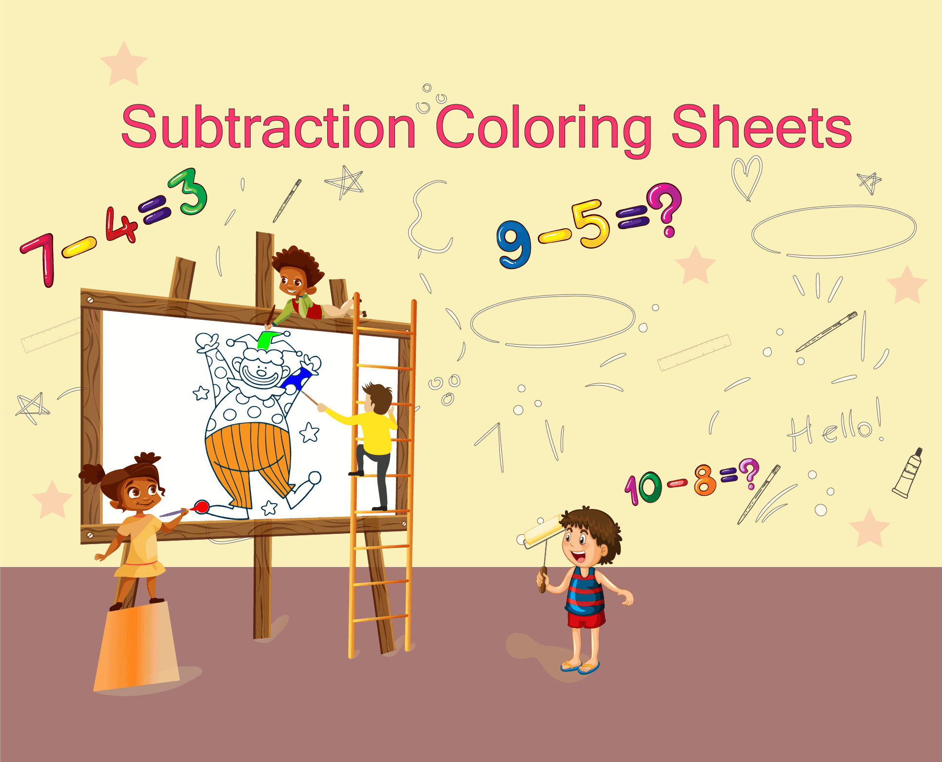 Children are coloring subtraction coloring sheets