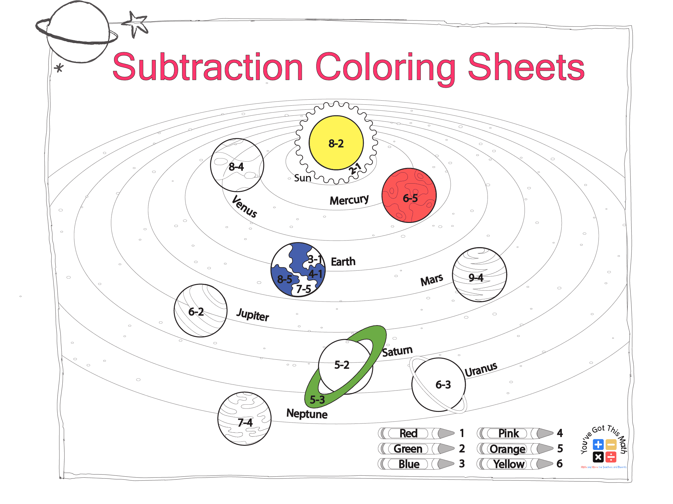 one digit subtraction problems in subtraction coloring sheets