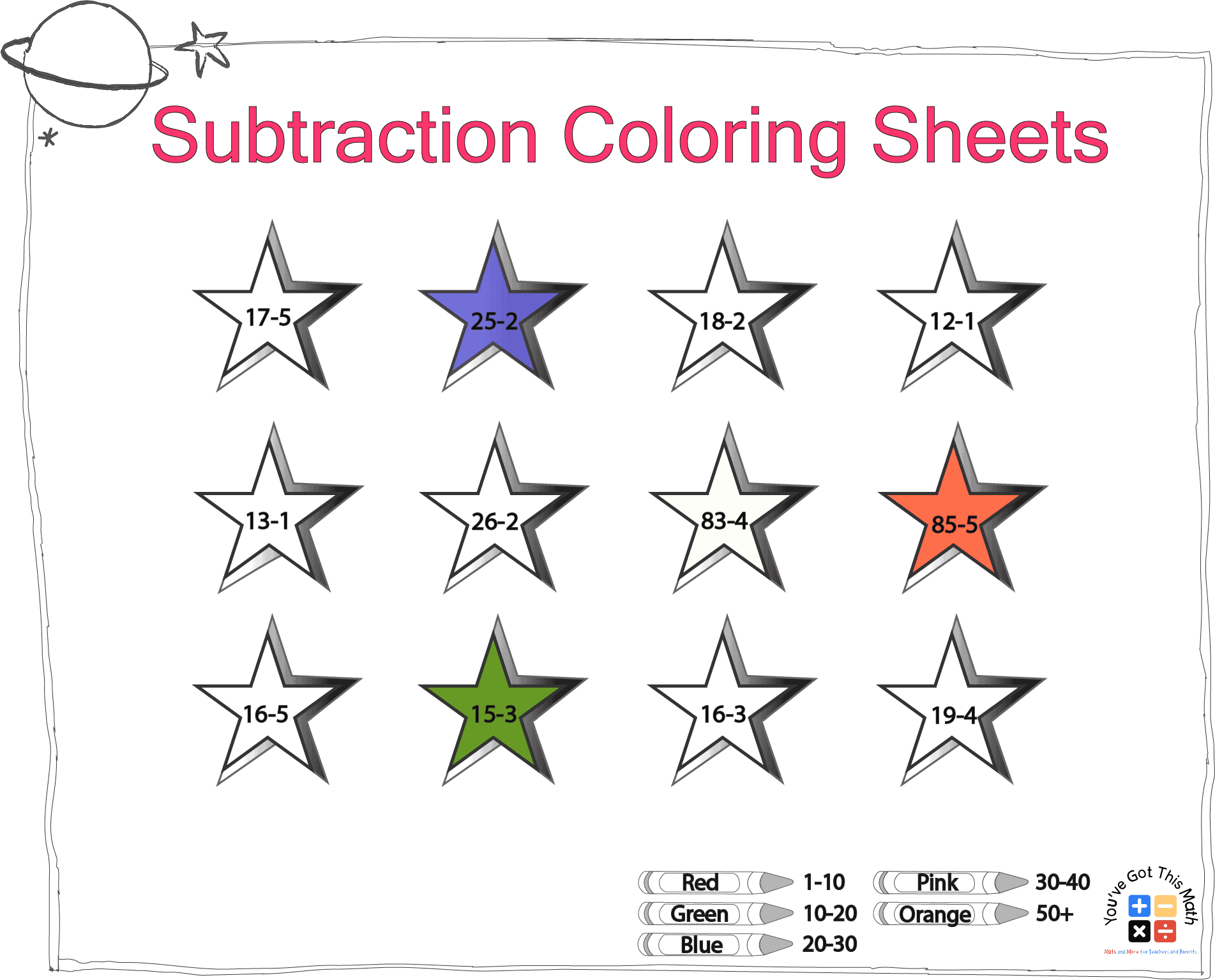 subtraction of one digit from two digits in subtraction coloring sheets