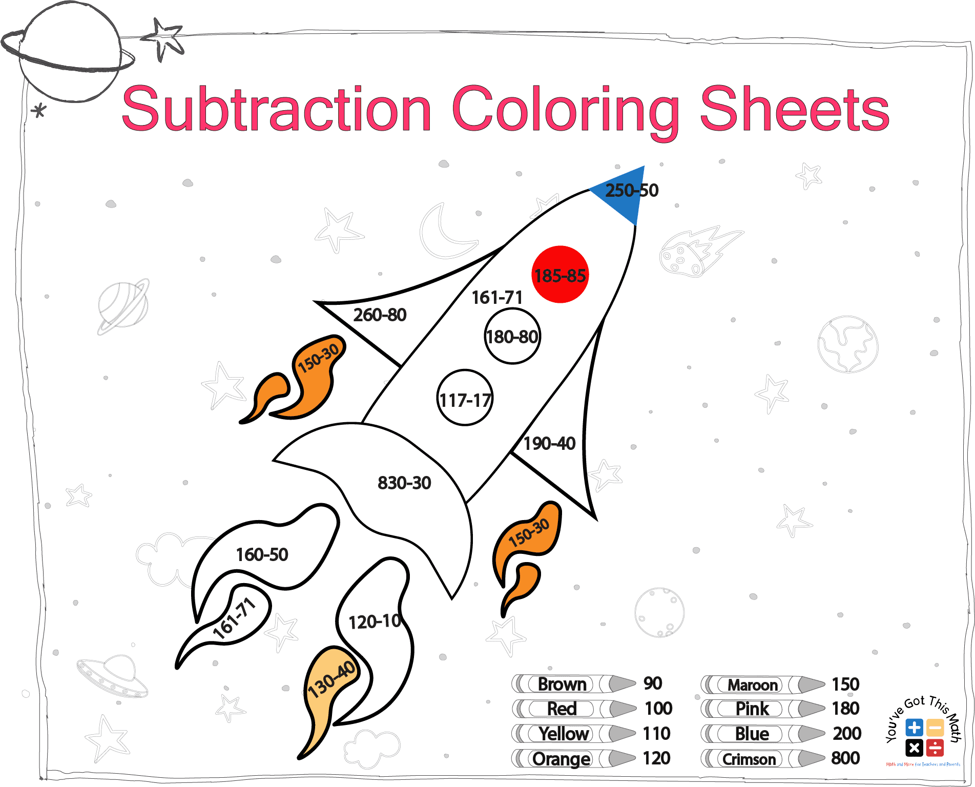 subtraction of 2 digits from 3 digits in subtraction coloring sheets