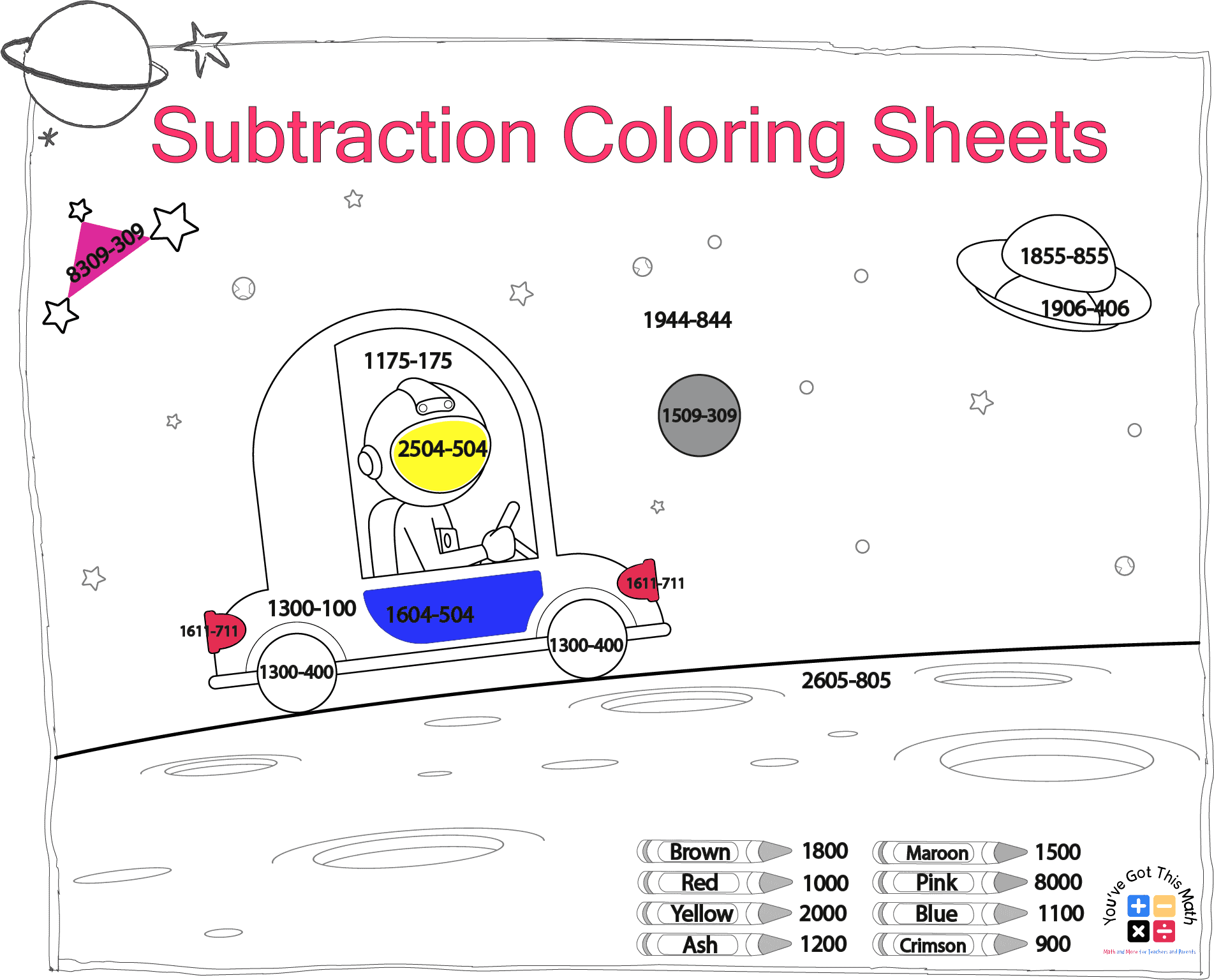 subtraction of 3 digits from 4 digits in subtraction coloring sheets