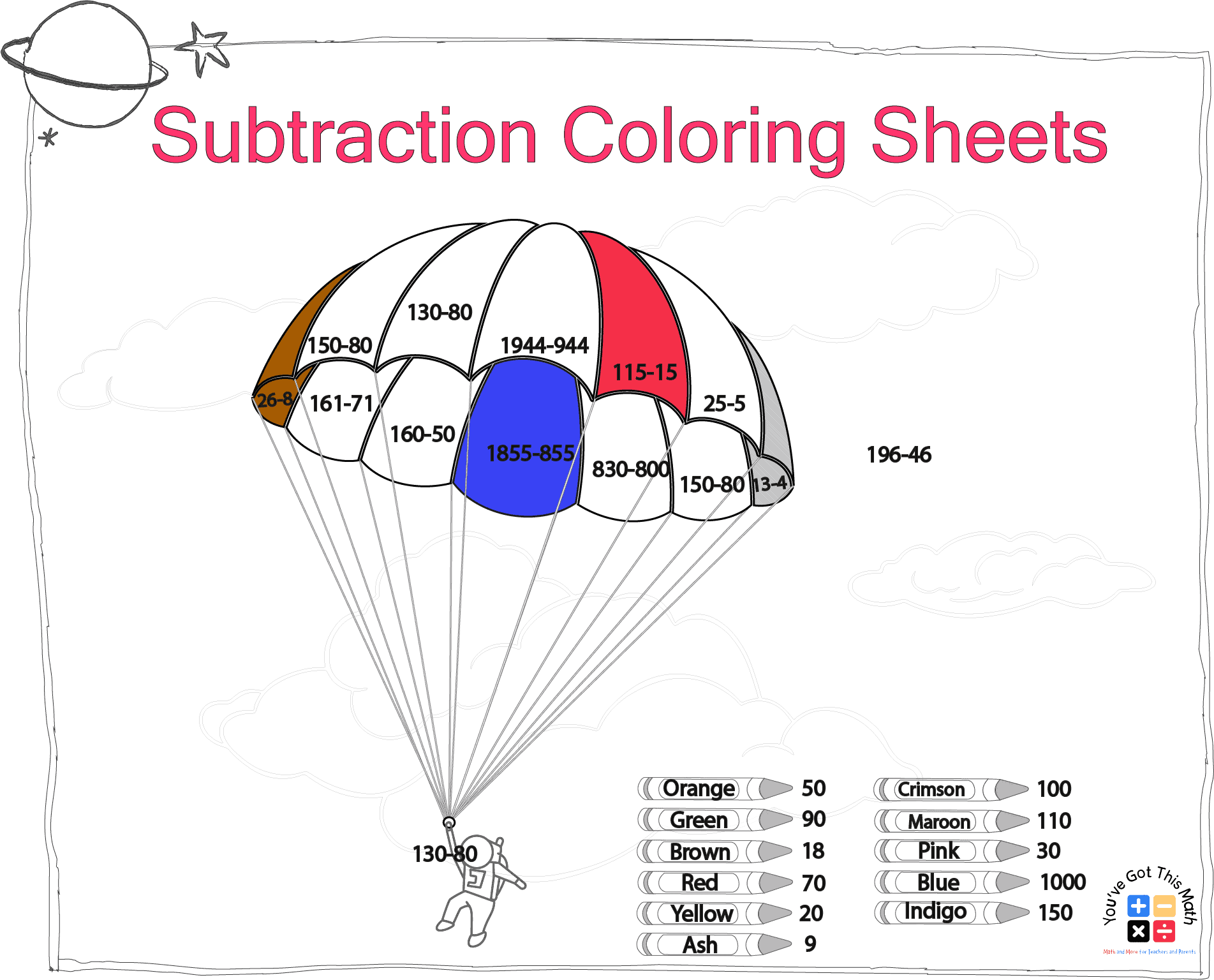 Long digit subtraction in subtraction coloring sheets
