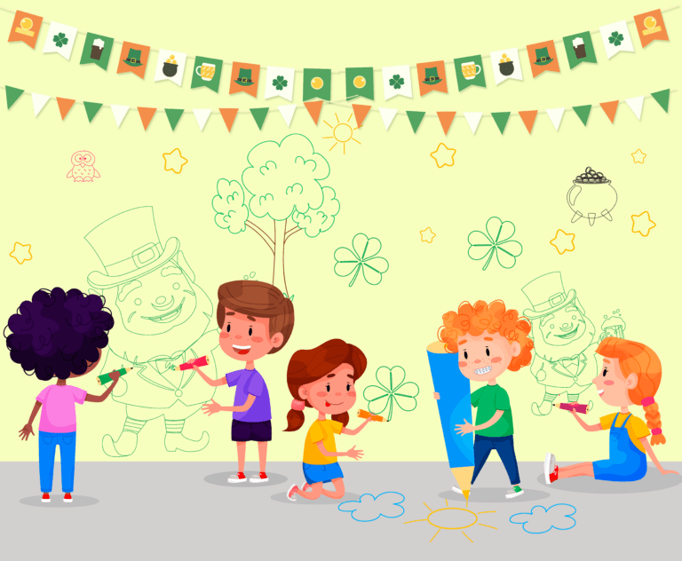 children celebrating St. Patrick's day with leprechaun color by number