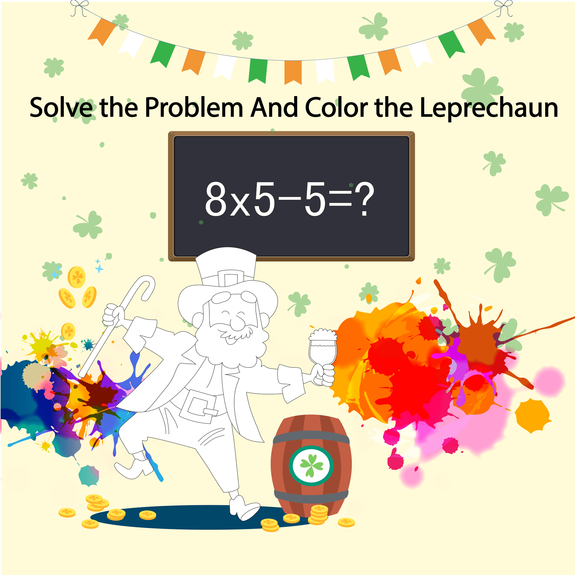 Add, Subtract, Multiply and Color the leprechaun