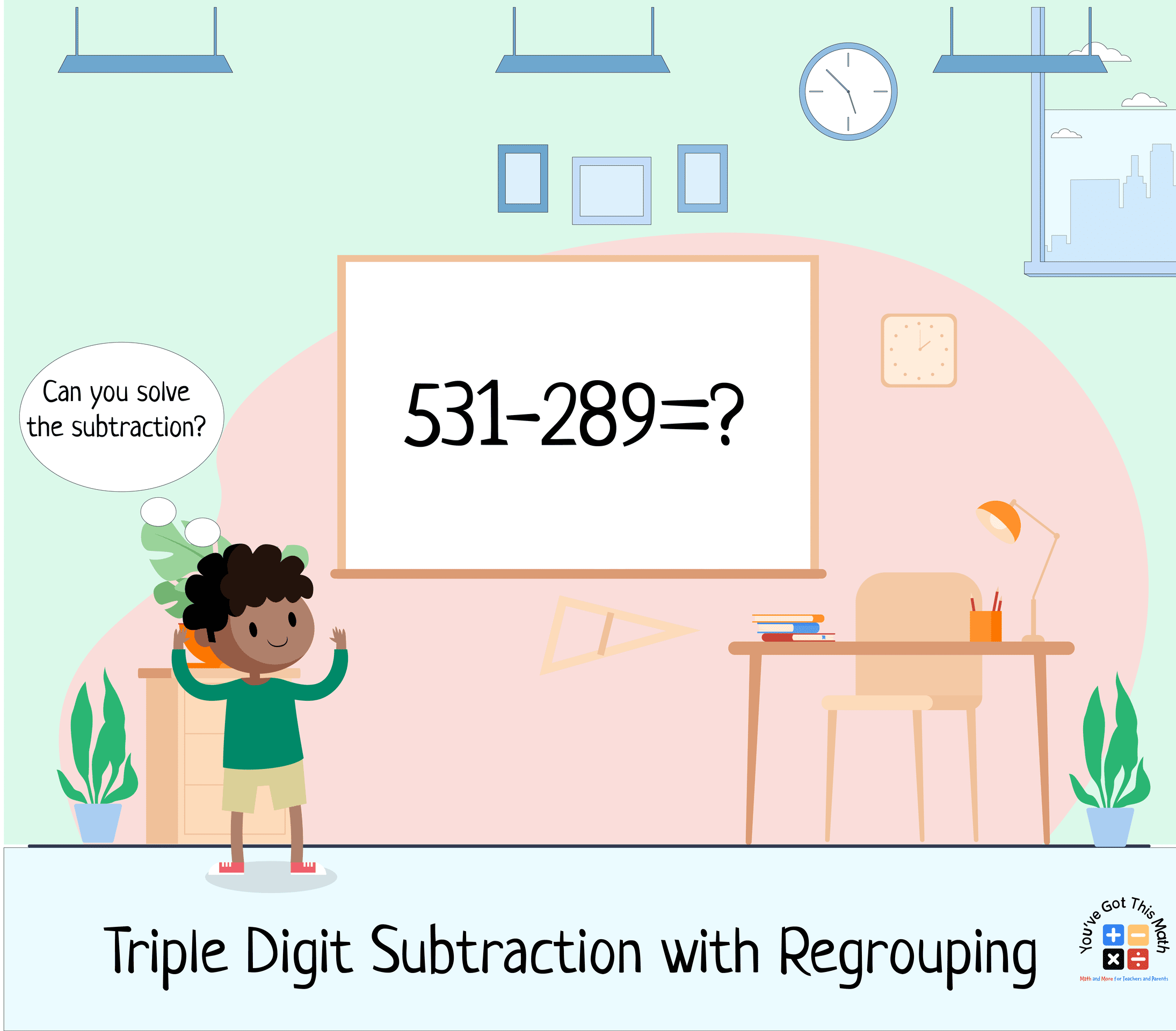 Solve the triple digit subtraction with regrouping