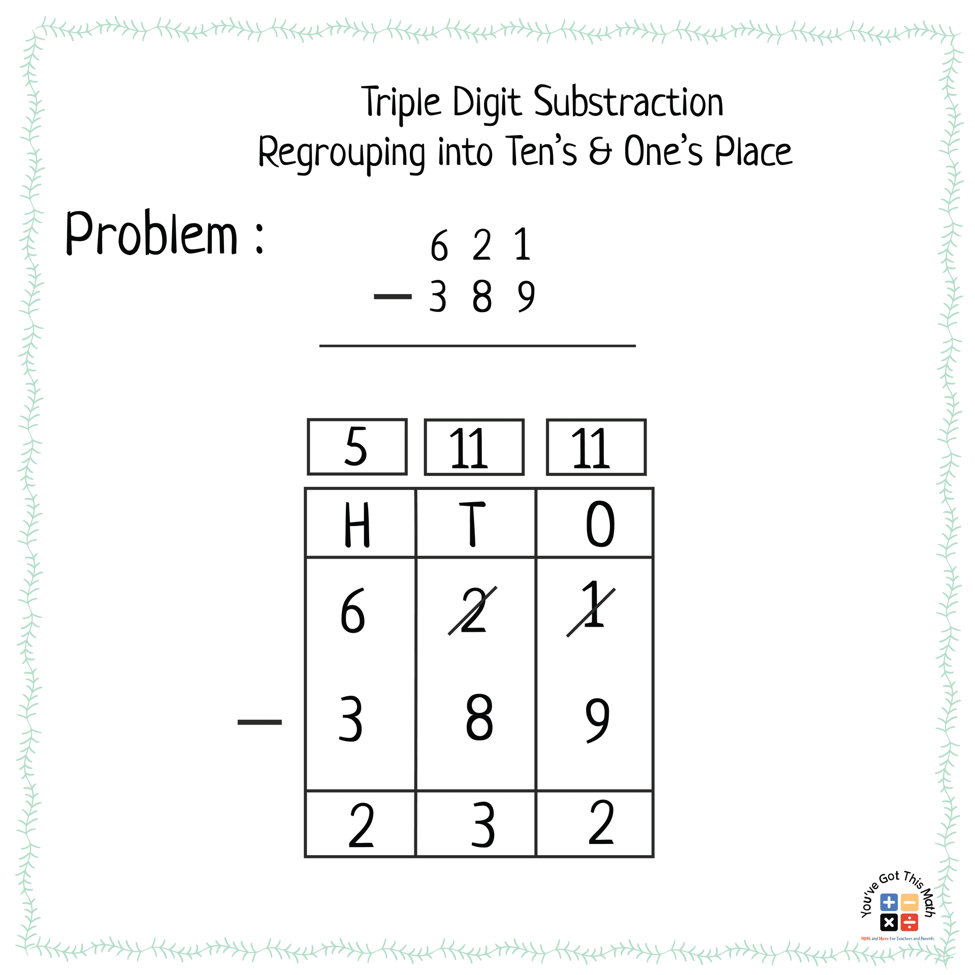 triple digit subtraction with regrouping into one’s and ten’s place