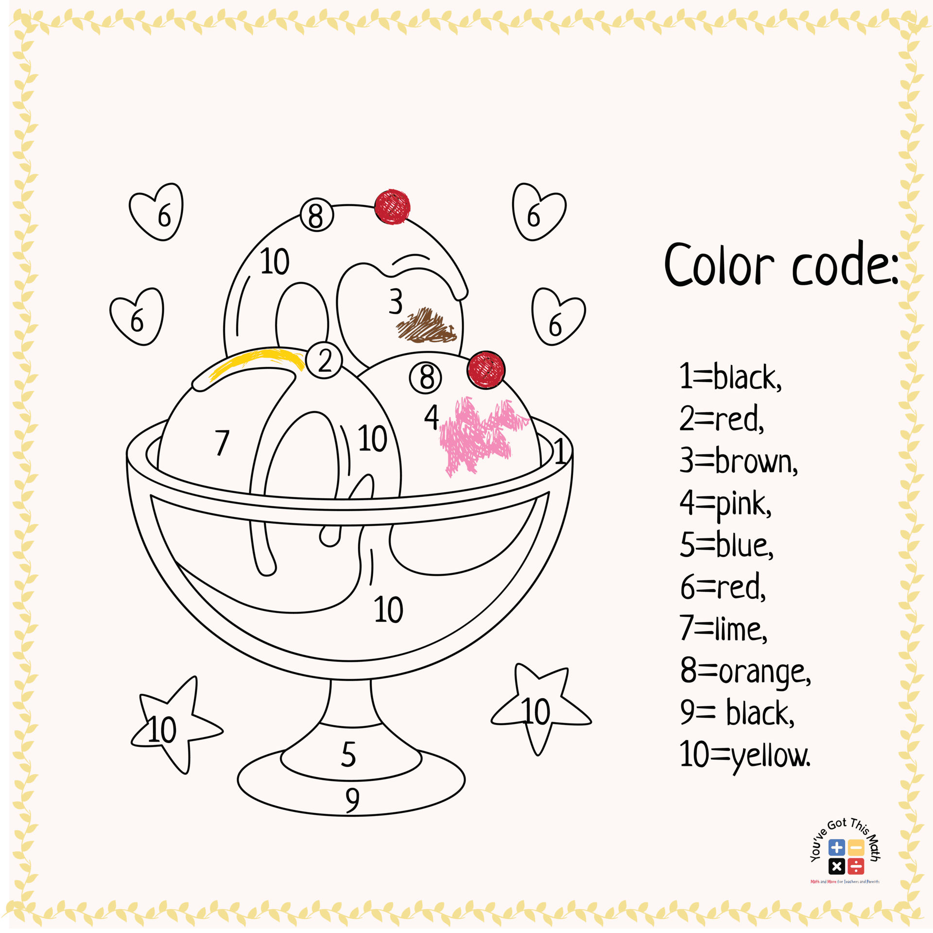 Count the Number and Color the Ice-cream in math coloring worksheets pdf