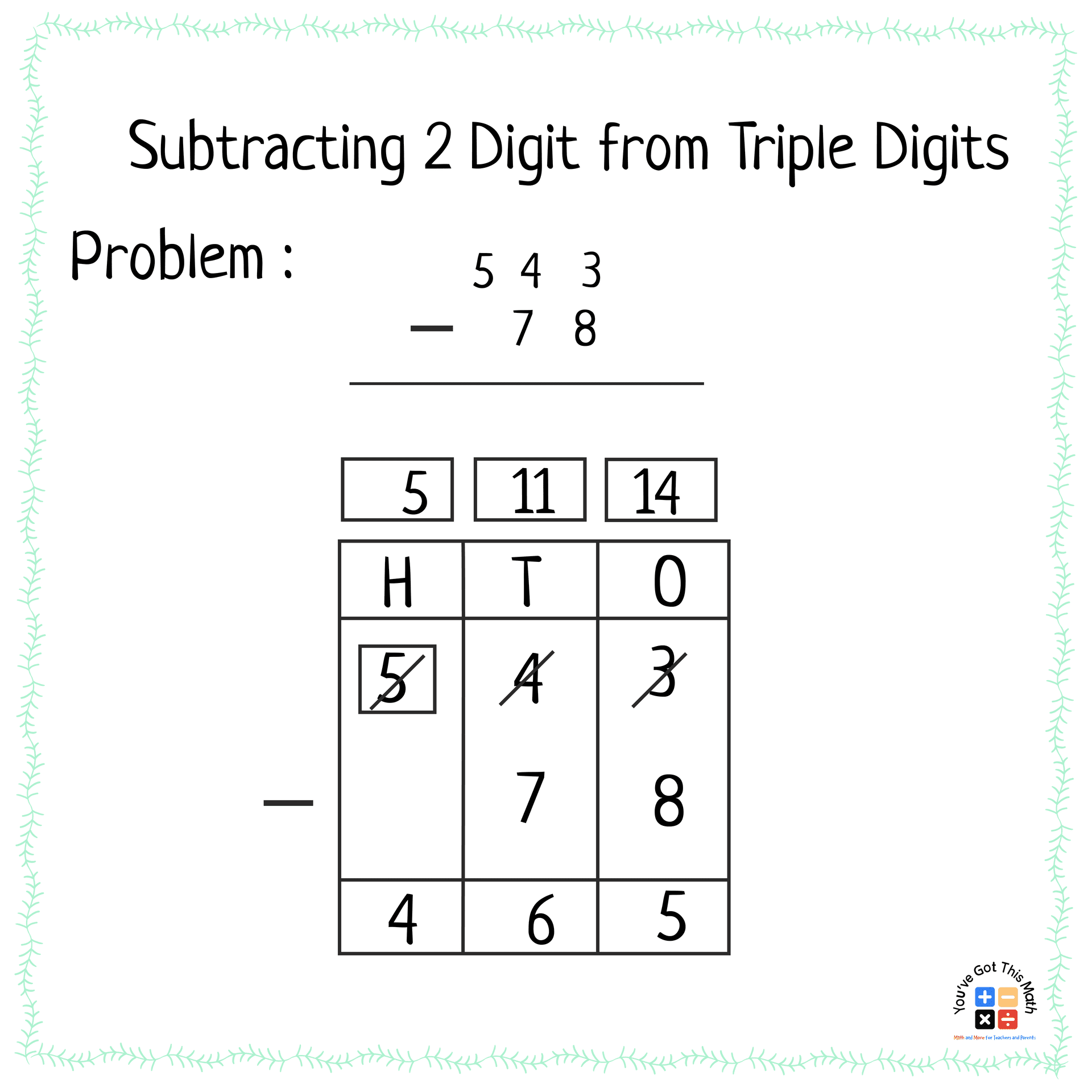 subtraction of 2 digits from triple digits in triple digit subtraction with regrouping 