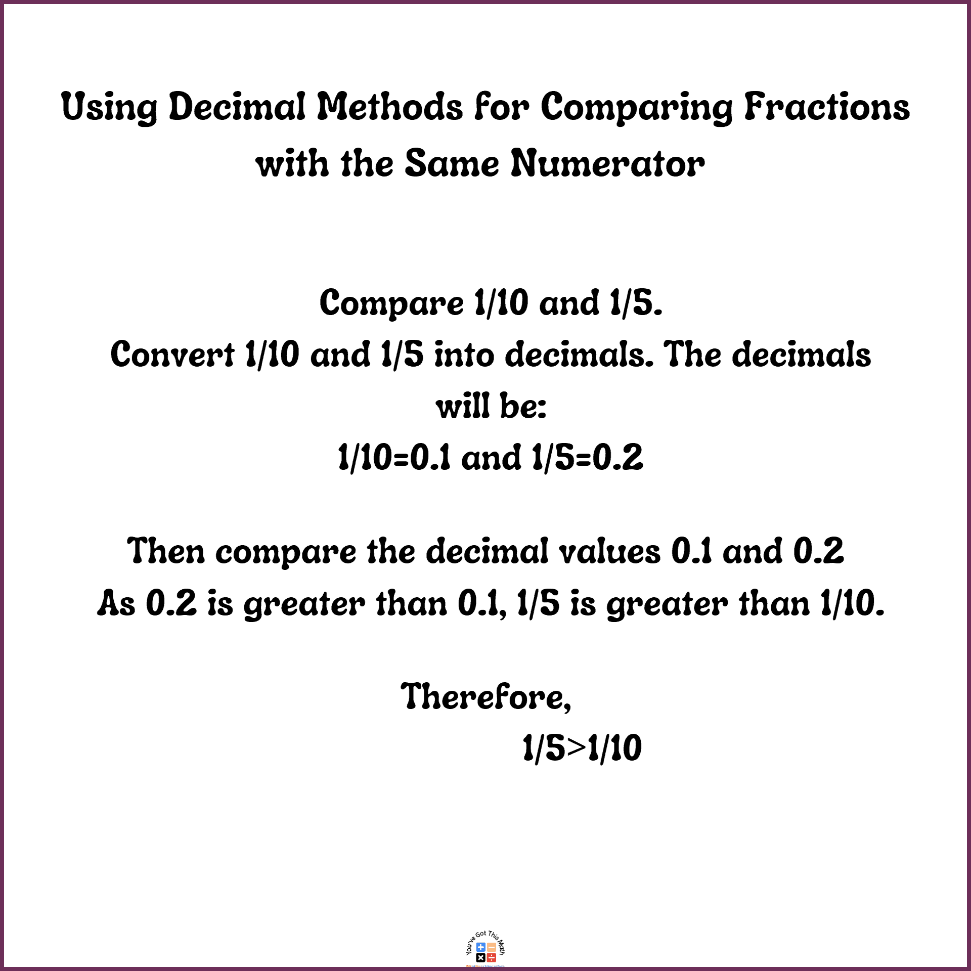 Using Decimal Methods for comparing fractions with the same numerator 