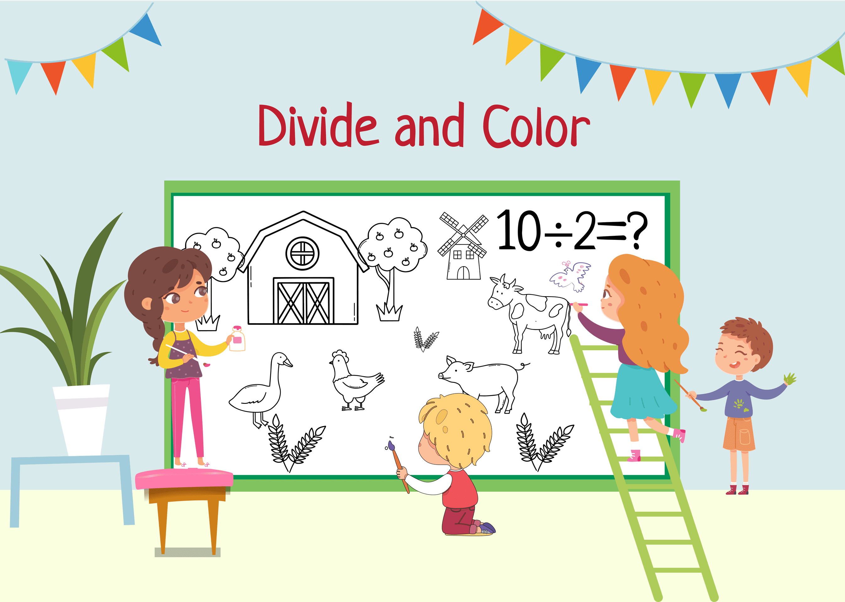 Divide Numbers to Color the Farm.