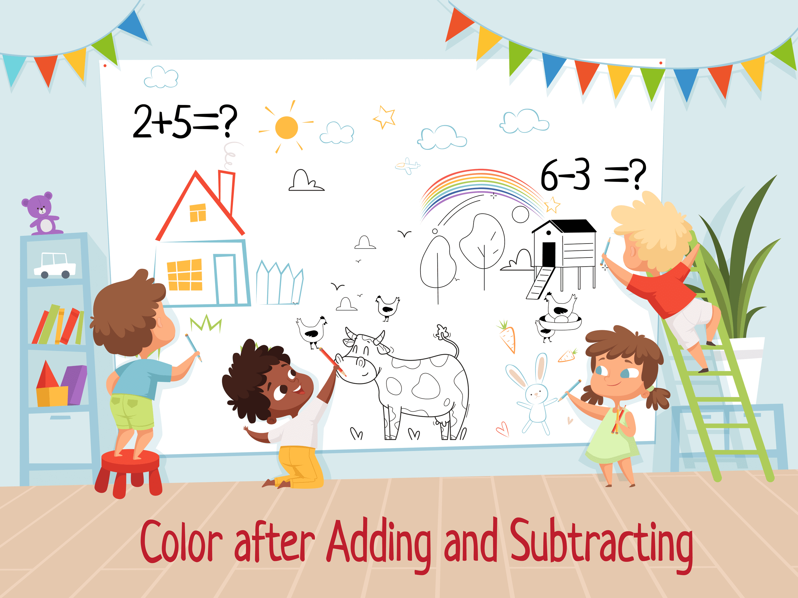 Doing Addition and Subtraction for Farm Coloring.