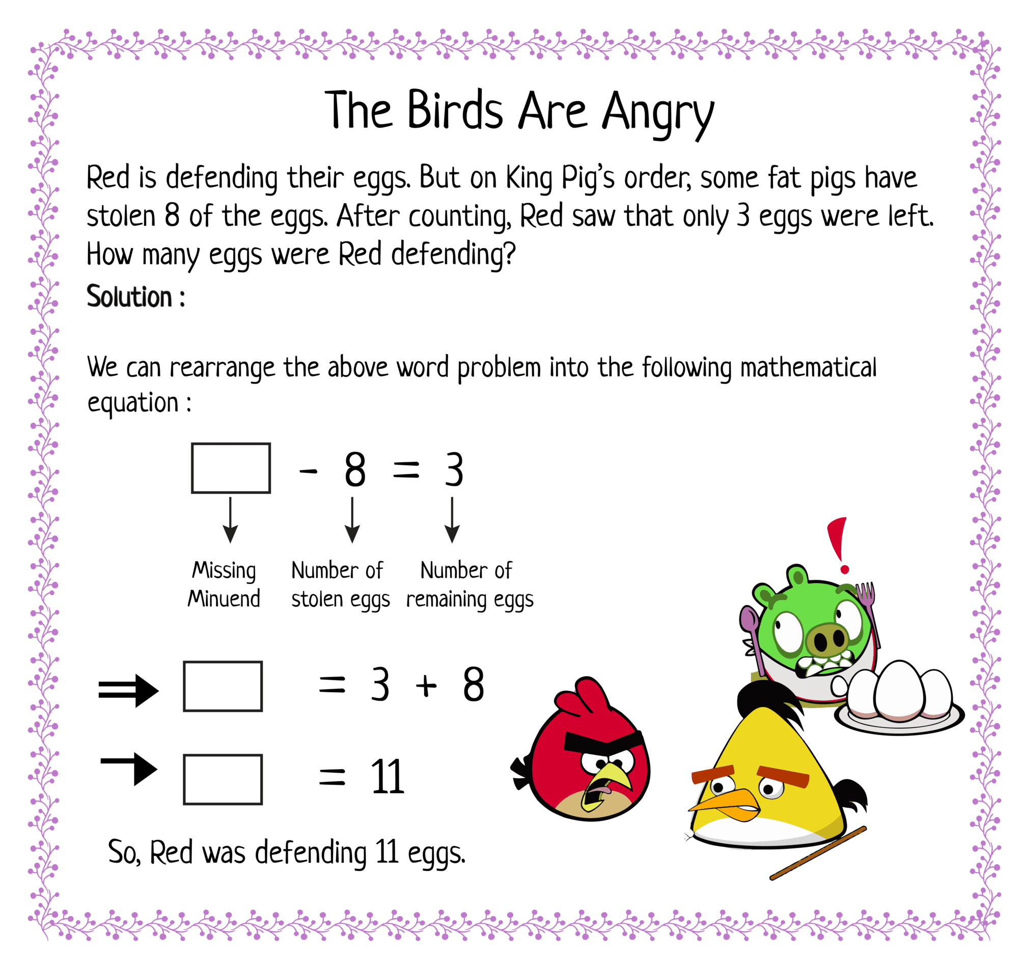 Helping Angry Birds to Find Their Eggs Using Missing Minuend