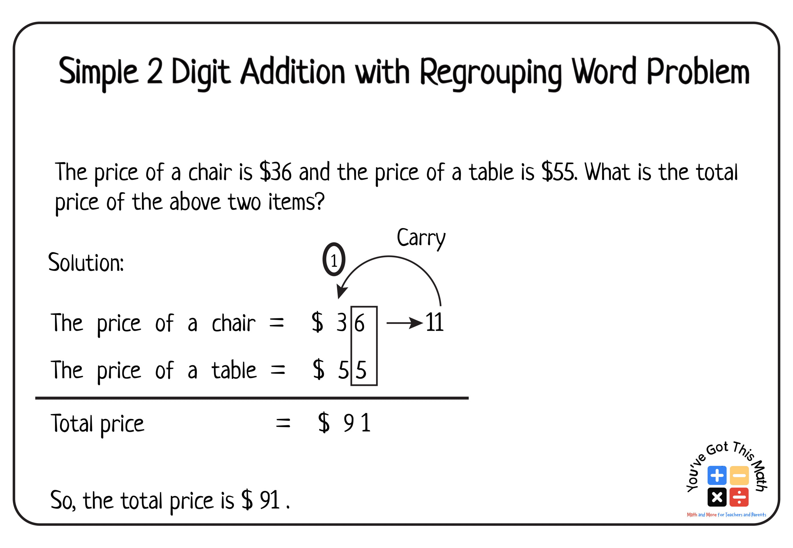 Simple 2 Digit Addition with Regrouping Word Problem.