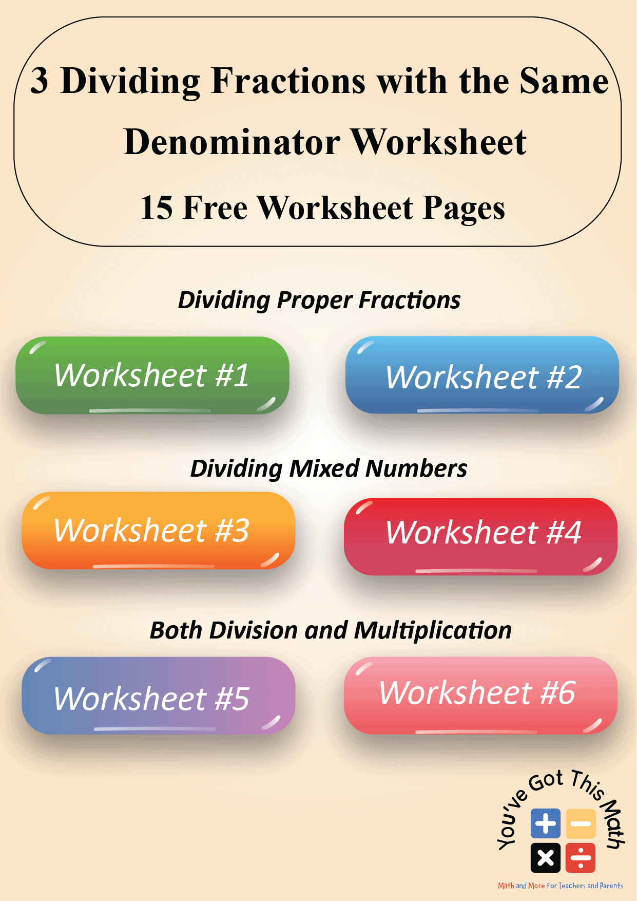 dividing fractions with the same denominator worksheet box image