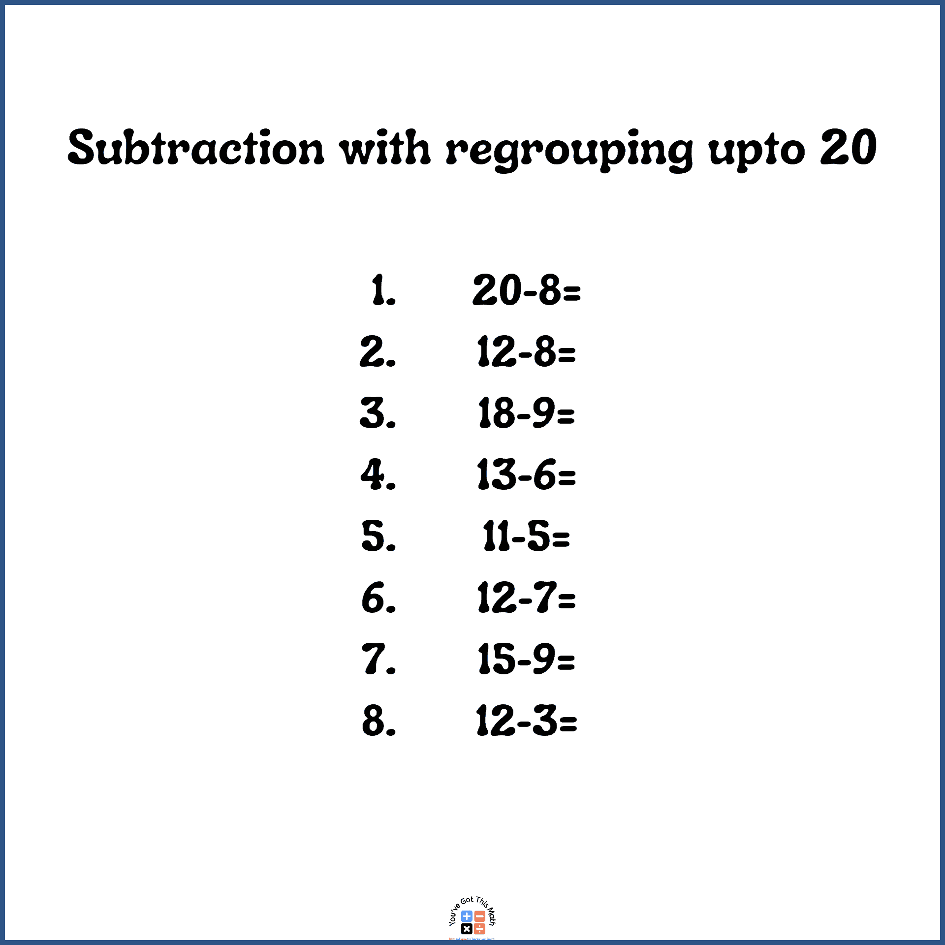 Subtraction upto 20 to subtract 2 digit numbers with regrouping.