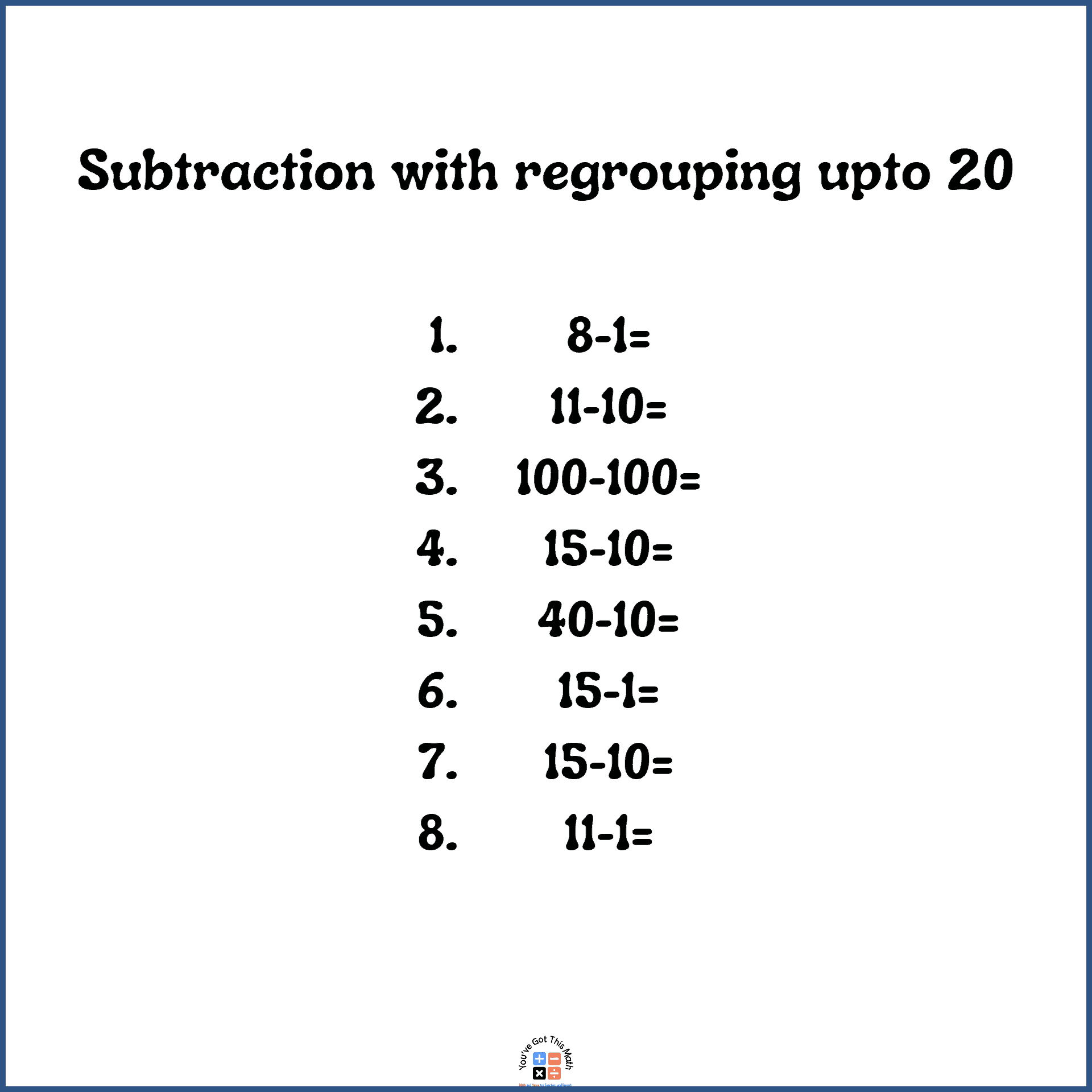 Subtraction of 1, 10, and 100 to subtract 2 digit numbers with regrouping