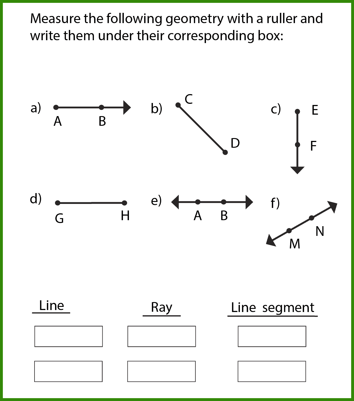 4- Measure the lines, rays and line segments worksheet from figures